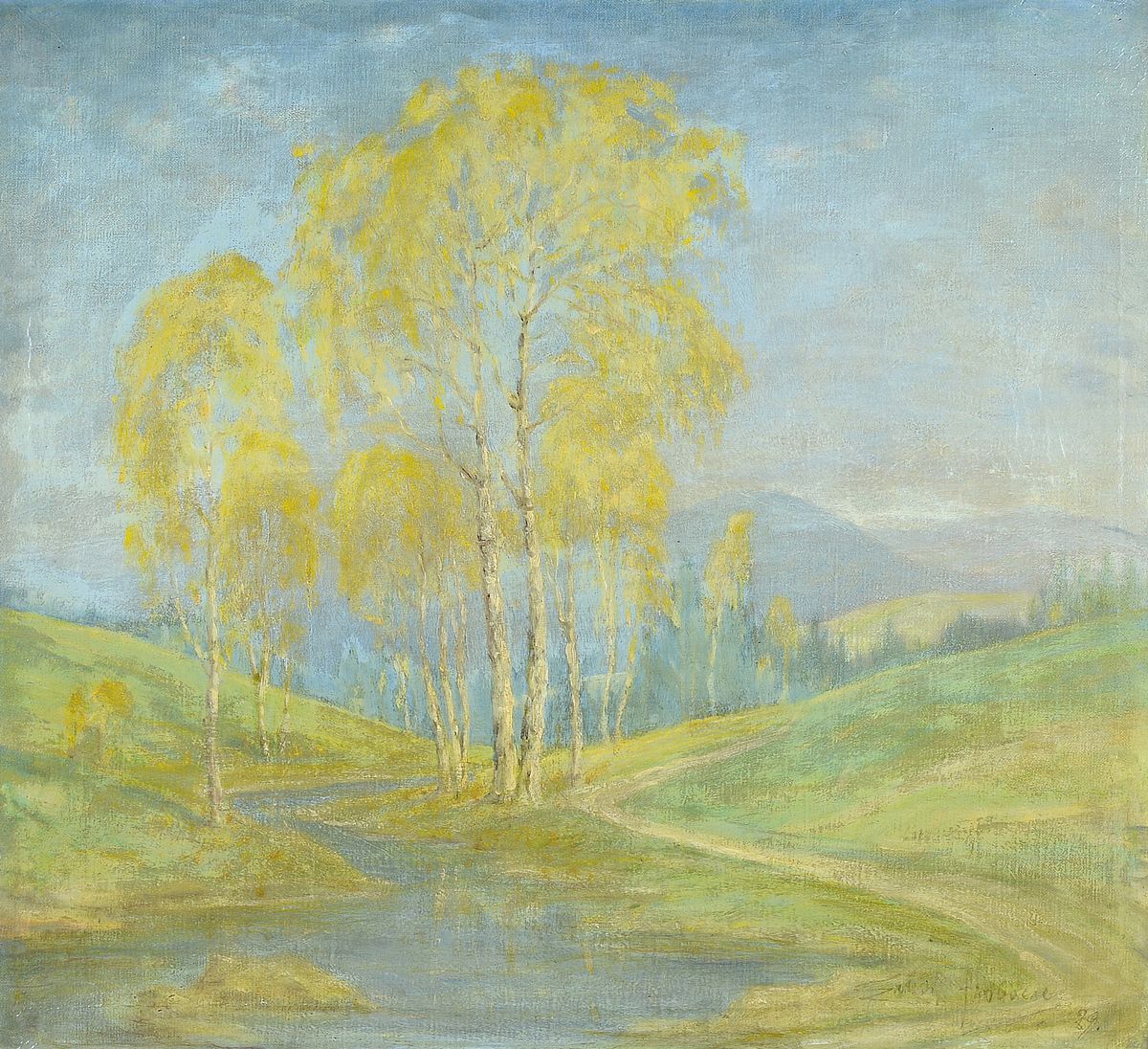 Froboese, Künstler der 1.Hälfte des 20.Jh., Flusslandschaft mit Birken, rechts unten signiert u. datiert (19)39, Öl/Lwd, Prunkrahmen, 86x90 cm