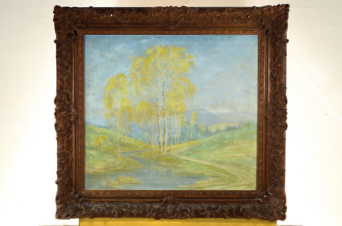 Detail k: Froboese, Künstler der 1.Hälfte des 20.Jh., Flusslandschaft mit Birken, rechts unten signiert u. datiert (19)39, Öl/Lwd, Prunkrahmen, 86x90 cm