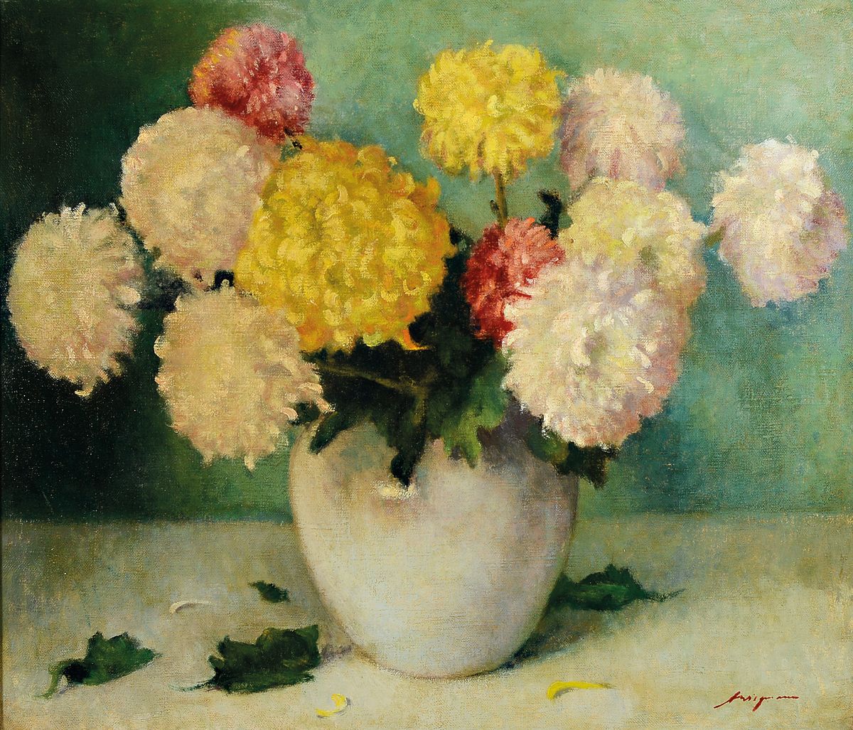 Alfred Wiegmann, 1886 Essen-1973 Kuhstedt, Studium an der Akademie Düsseldorf und der Academie Julian in Paris, Stillleben mit Chrysanthemen, ...