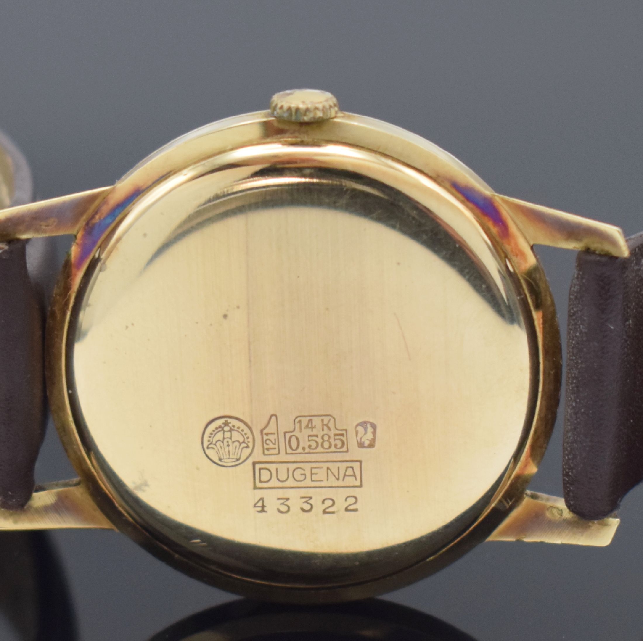 Detail c: DUGENA Herrengolduhr Modell Super in GG 585/000, Schweiz um 1960, Automatik, Geh. teils angel., Boden & Glasrand aufgedr., vers. Zifferbl. altersbed. ...