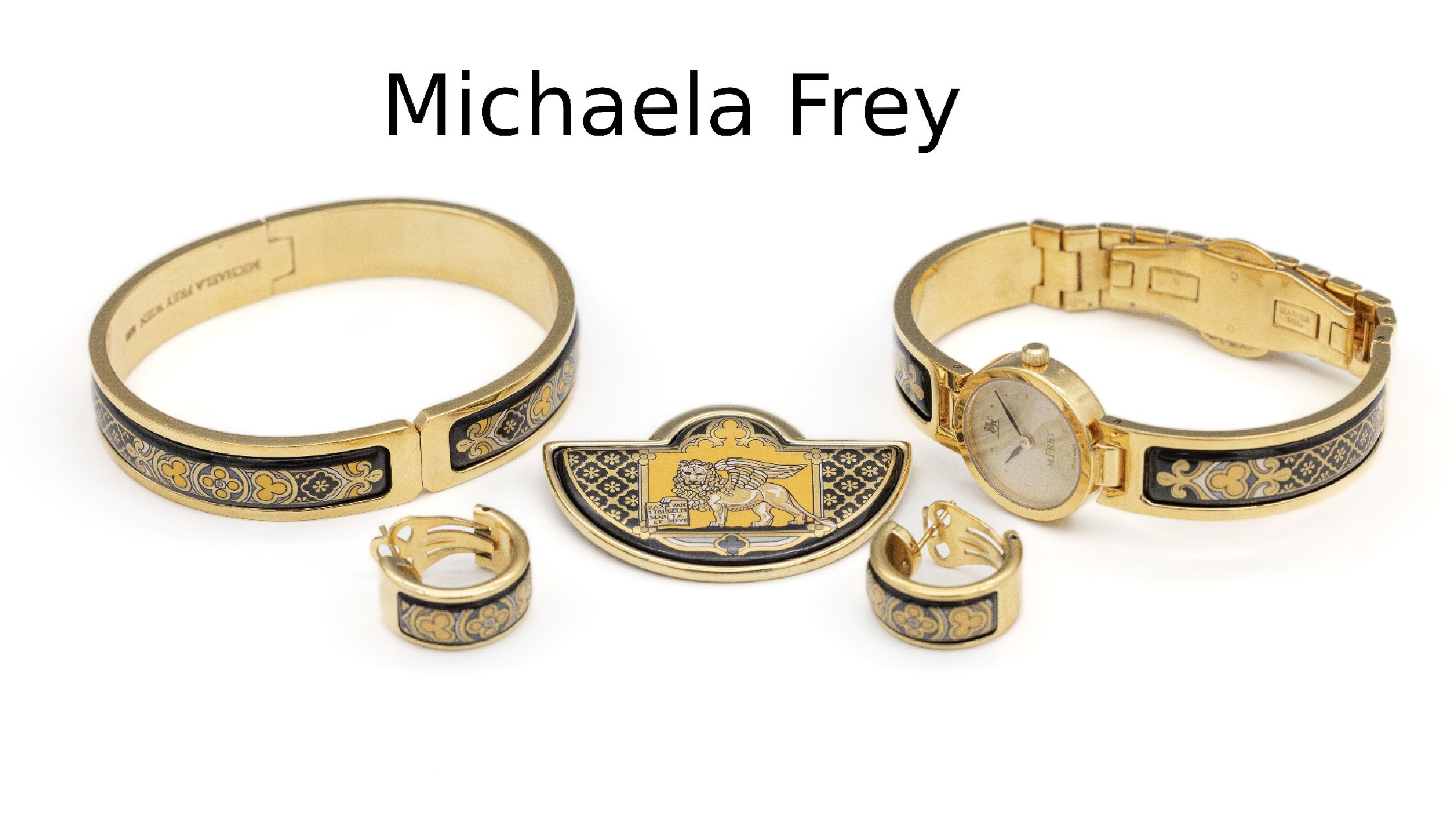 MICHAELA FREY Schmuckset, Metall verg., best. aus: Schmuckuhr, Faltschließe, Quarz, Funktion ungepr., Armreif, Klappscharnier, D. ca. 5.8 cm, 1 ...
