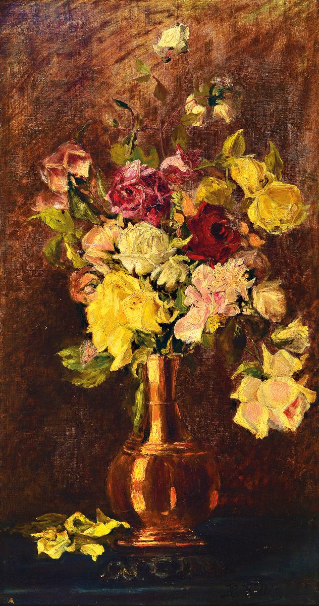 Hubert Bellis, 1831-1902, Stillleben mit Rosen, Öl/Lwd, rest., rechts unten signiert, ca. 75x40cm, R. beschädigt 94x58cm