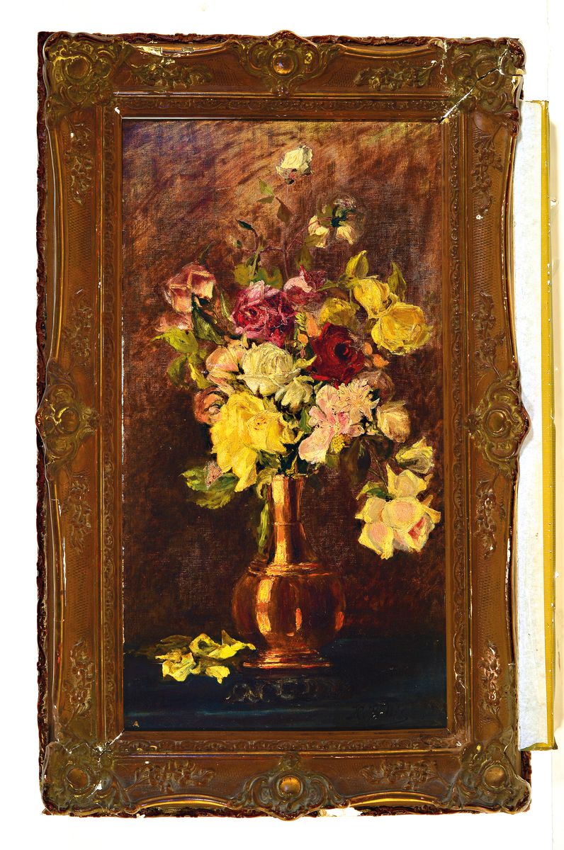 Detail k: Hubert Bellis, 1831-1902, Stillleben mit Rosen, Öl/Lwd, rest., rechts unten signiert, ca. 75x40cm, R. beschädigt 94x58cm