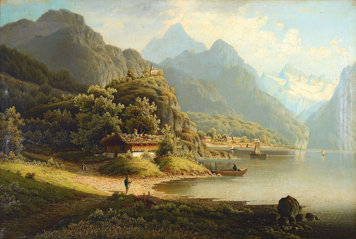 Sander, Pseudonym des Johann Jungblut, 1860- 1912, 2 Pendants mit Landschaften an oberbayerischen Seen, mit Gebäuden und Personen, Öl/Lwd, eines ...