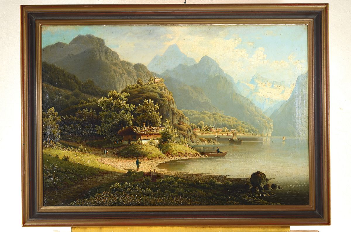 Detail k: Sander, Pseudonym des Johann Jungblut, 1860- 1912, 2 Pendants mit Landschaften an oberbayerischen Seen, mit Gebäuden und Personen, Öl/Lwd, eines ...