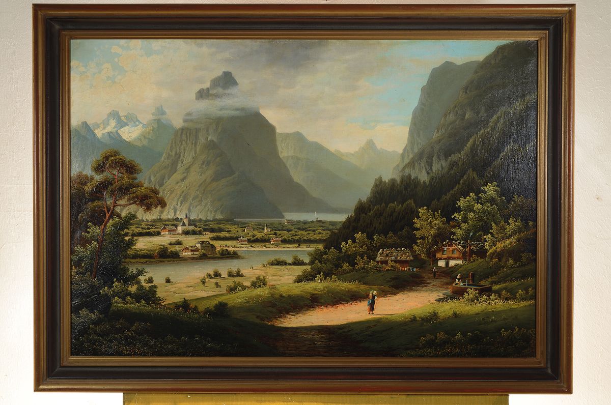 Detail l: Sander, Pseudonym des Johann Jungblut, 1860- 1912, 2 Pendants mit Landschaften an oberbayerischen Seen, mit Gebäuden und Personen, Öl/Lwd, eines ...