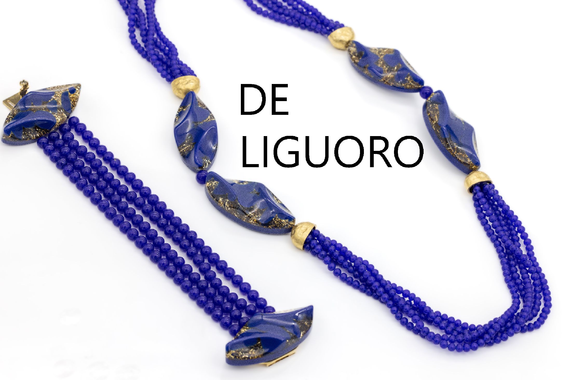 DE LIGUORO Schmuckset, Italien, Mailand 1970/80er Jahre, best. aus: 5-reihiges Collierund 4-reihiges Armband, lapislazulifarb. Kunststoffelemente ...