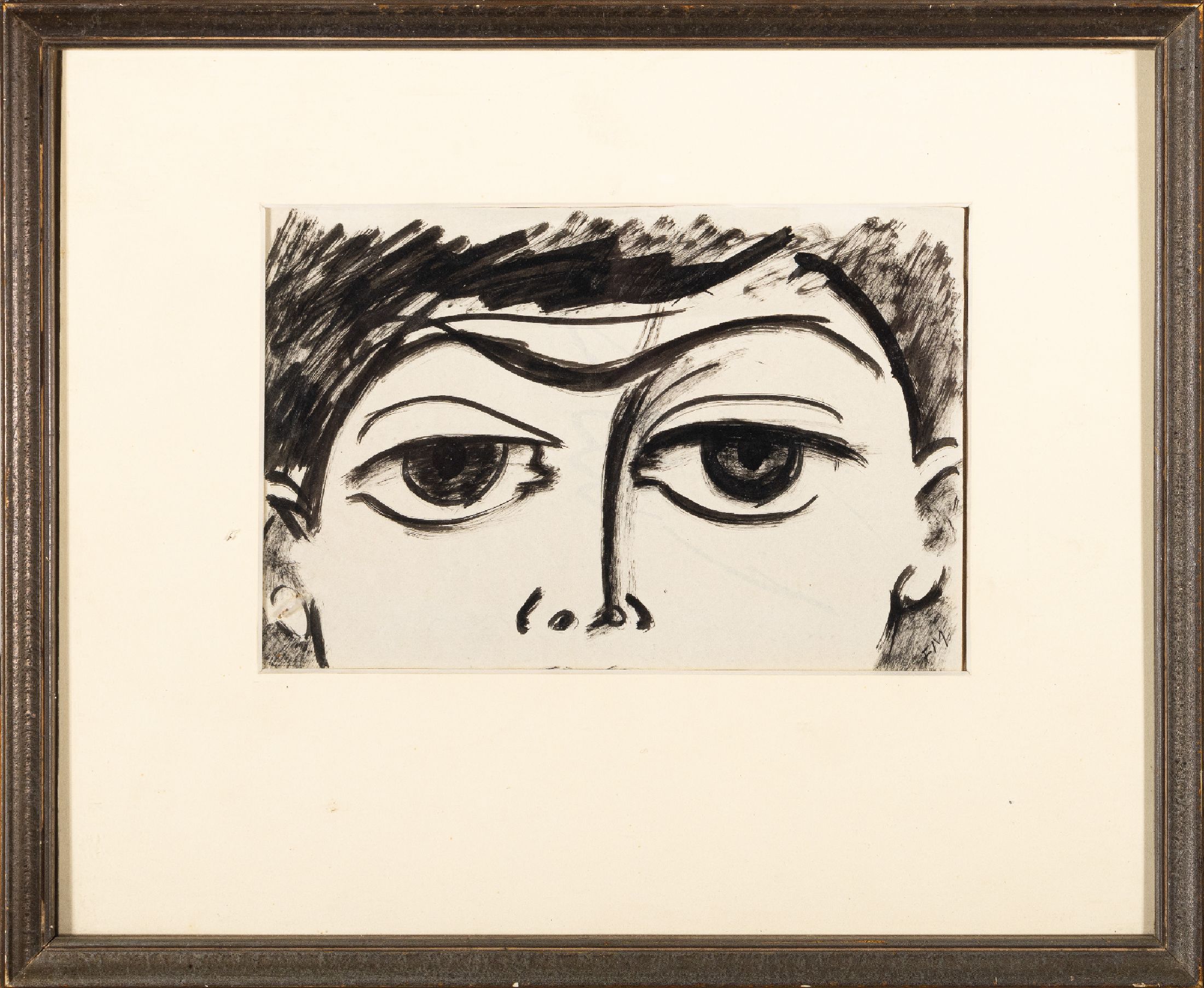 Frans Masereel, 1889 Blankenberge - 1972 Avignon, Studium an der Akademie Gent, Tusche/Papier, Porträtskizze, monogrammiert FM, mit Mottenresten ...