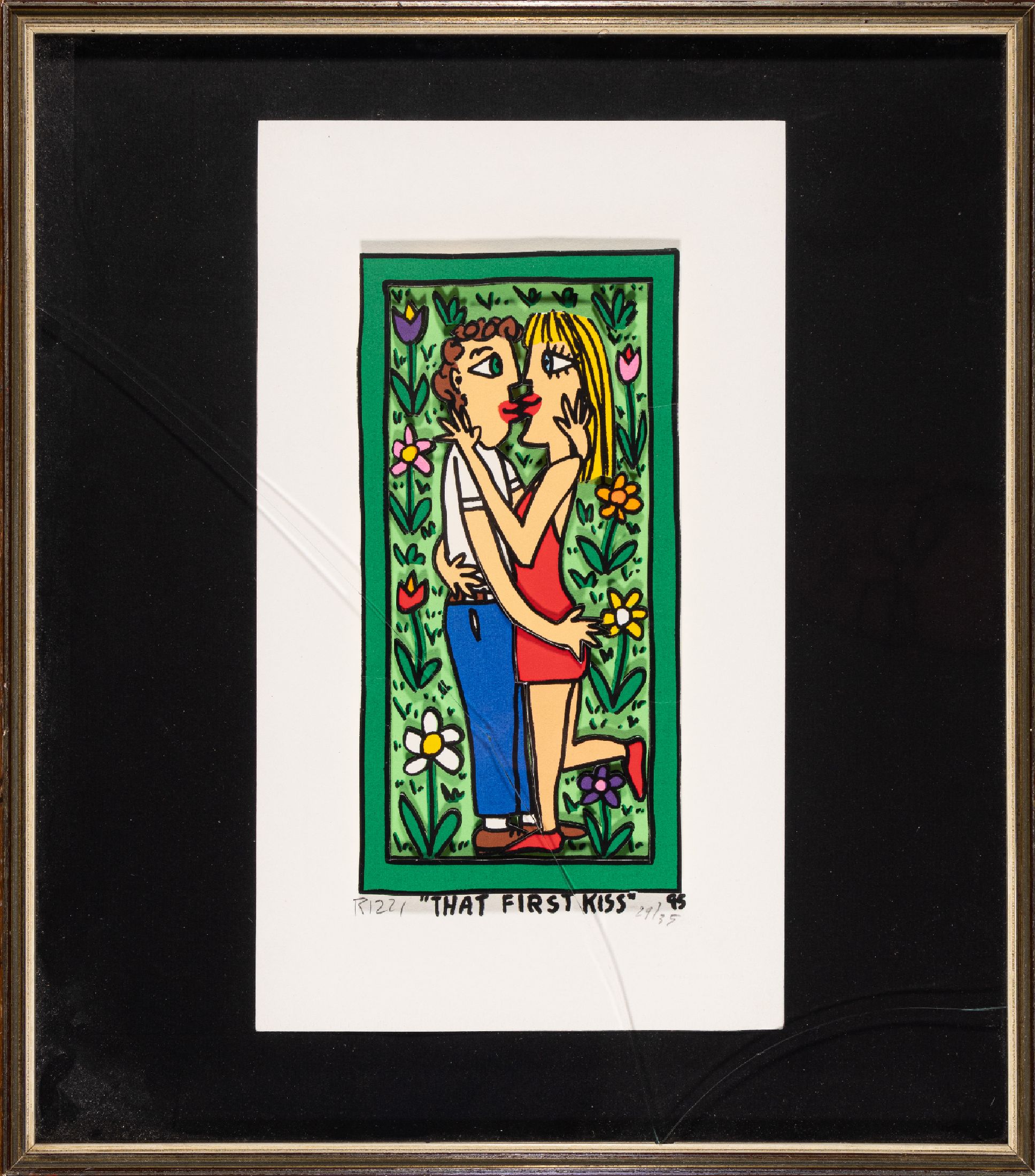 James Rizzi, 1950 - 2011, "That First Kiss",3-D-Konstruktion, handsigniert, dat. 95, num., 29/35, min. am Rand besch., ca. 31.5 x 18.5 cm, ...