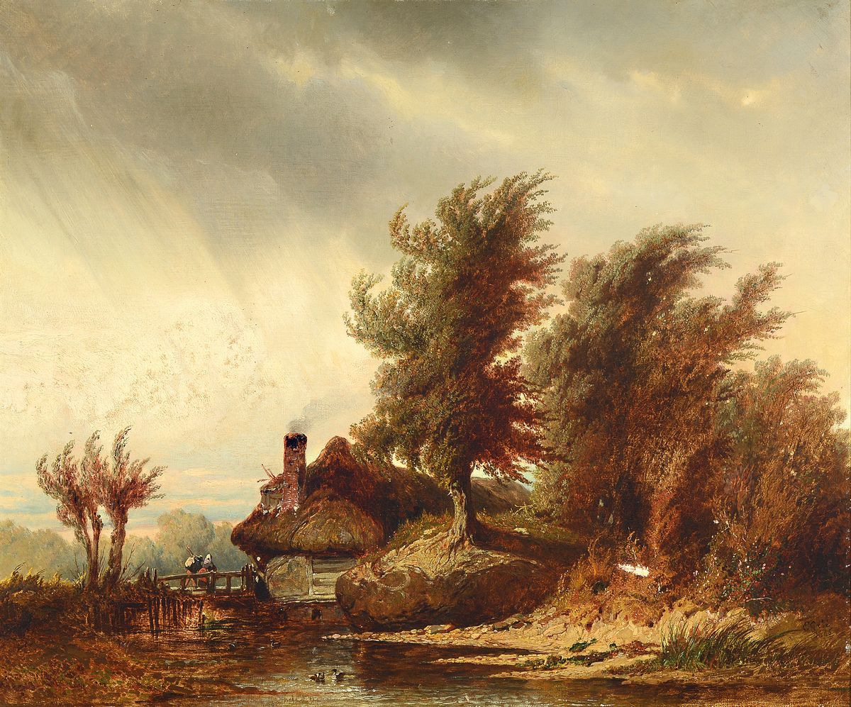 Eugene Gabé, datiert 1845, französischer Künstler des 19. Jh., Herbstliche Landschaft mit Bauernhaus und heimkehrendem Bauernpaar, Öl/Lwd, rechts ...