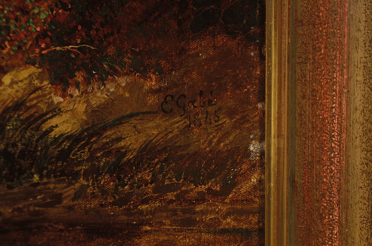 Detail a: Eugene Gabé, datiert 1845, französischer Künstler des 19. Jh., Herbstliche Landschaft mit Bauernhaus und heimkehrendem Bauernpaar, Öl/Lwd, rechts ...