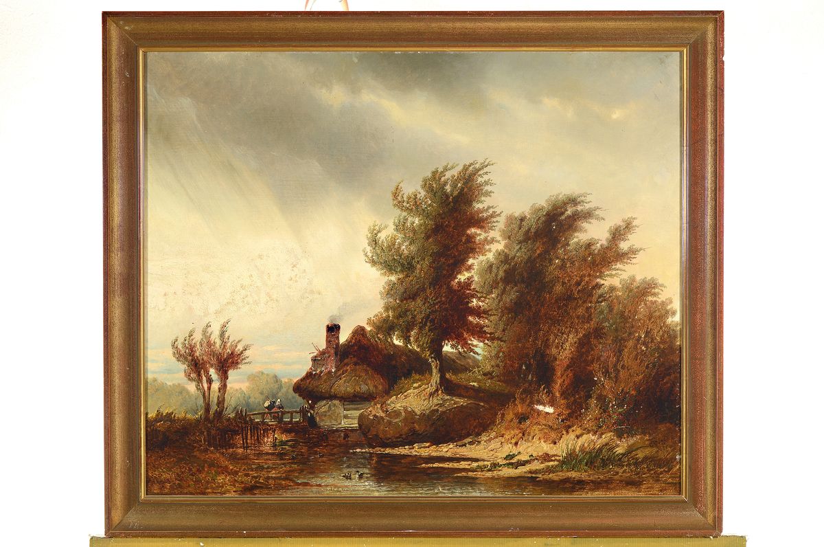 Detail k: Eugene Gabé, datiert 1845, französischer Künstler des 19. Jh., Herbstliche Landschaft mit Bauernhaus und heimkehrendem Bauernpaar, Öl/Lwd, rechts ...