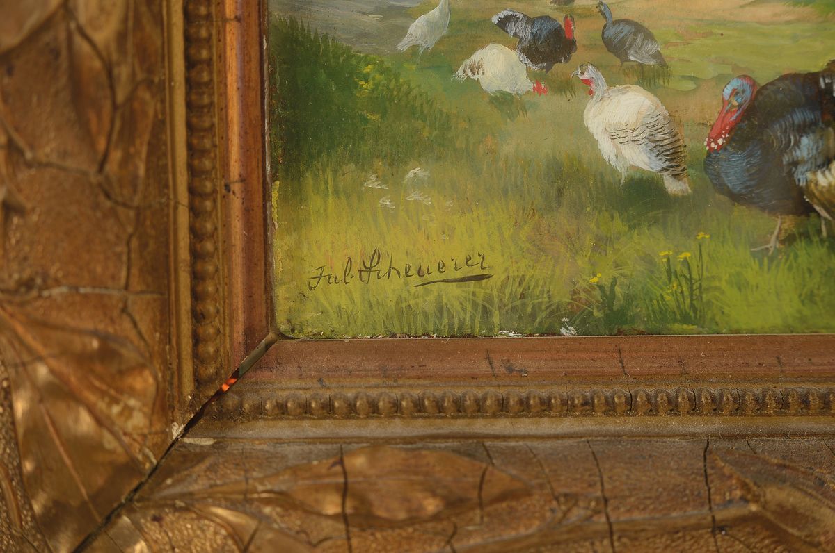 Detail a: Julius Scheurer, 1859 - 1913, Federvieh auf Lichtung mit Birken, Öl, li. unten sign., ca. 14 x 18 cm, unter Glas, Rahmen best., ca. 30 x 35 cm