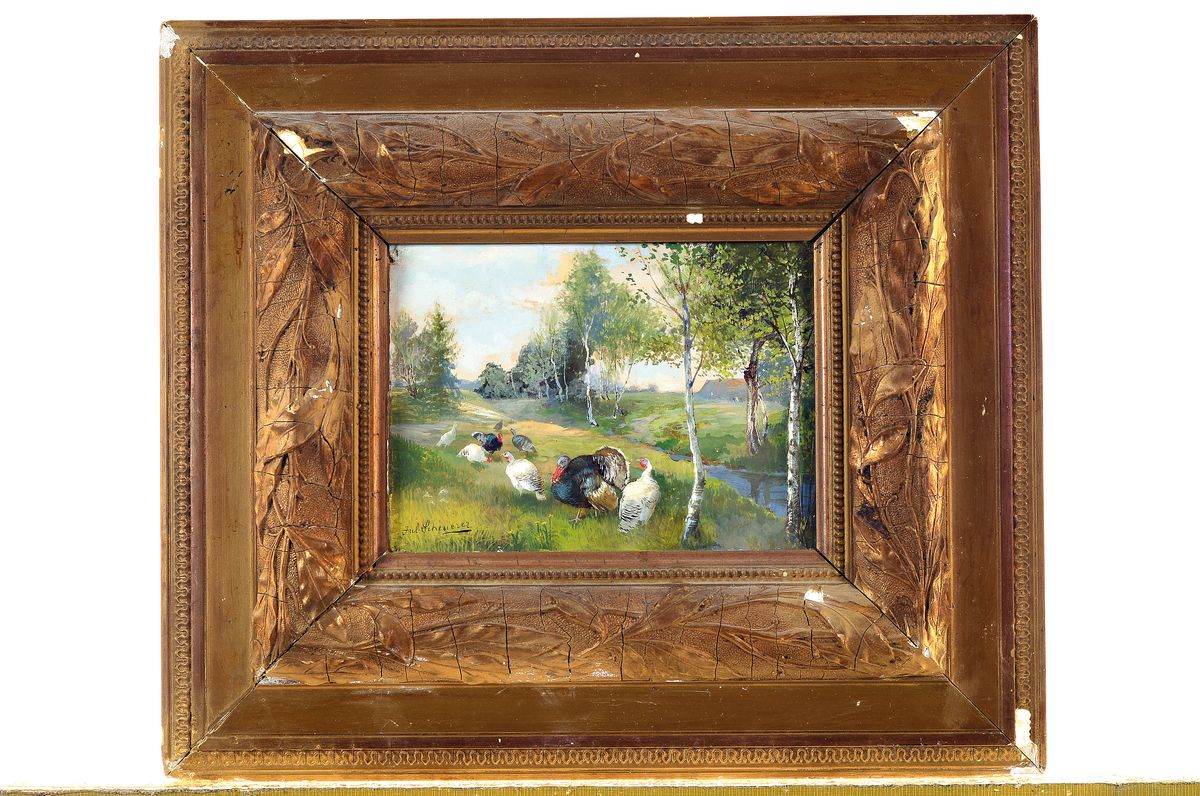 Detail k: Julius Scheurer, 1859 - 1913, Federvieh auf Lichtung mit Birken, Öl, li. unten sign., ca. 14 x 18 cm, unter Glas, Rahmen best., ca. 30 x 35 cm