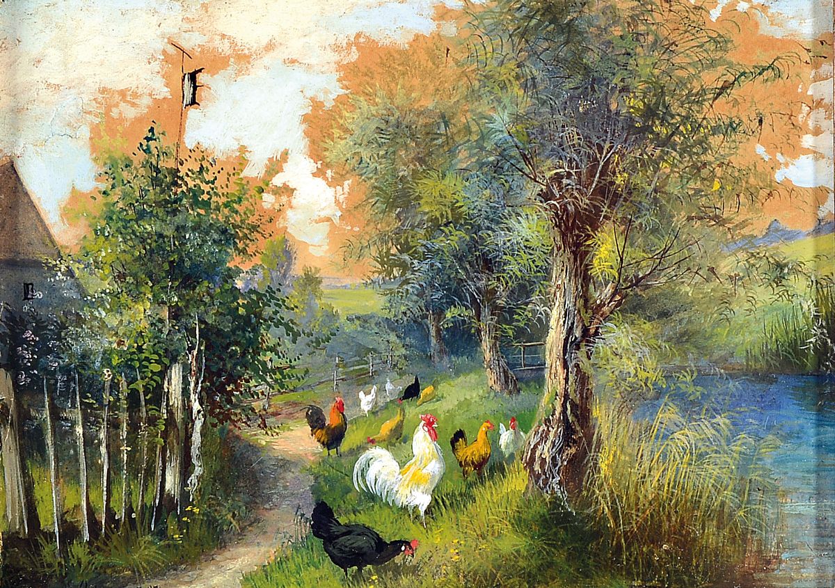 Julius Scheurer, 1859 - 1913, Federvieh vor Bauernhaus am Bach, Öl, li. unten signiert, ca. 14 x 18 cm, unter Glas, Rahmen ca. 30 x 35 cm