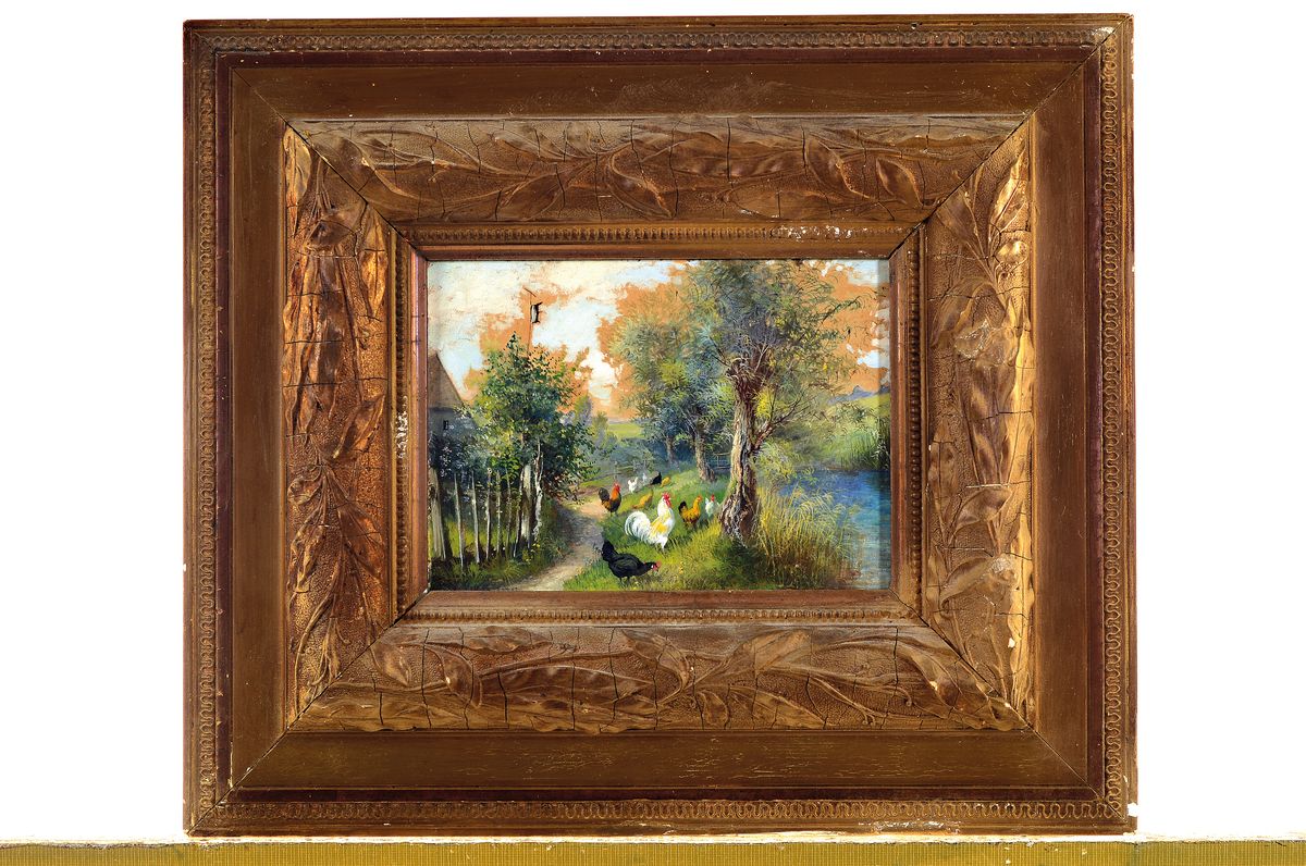 Detail k: Julius Scheurer, 1859 - 1913, Federvieh vor Bauernhaus am Bach, Öl, li. unten signiert, ca. 14 x 18 cm, unter Glas, Rahmen ca. 30 x 35 cm