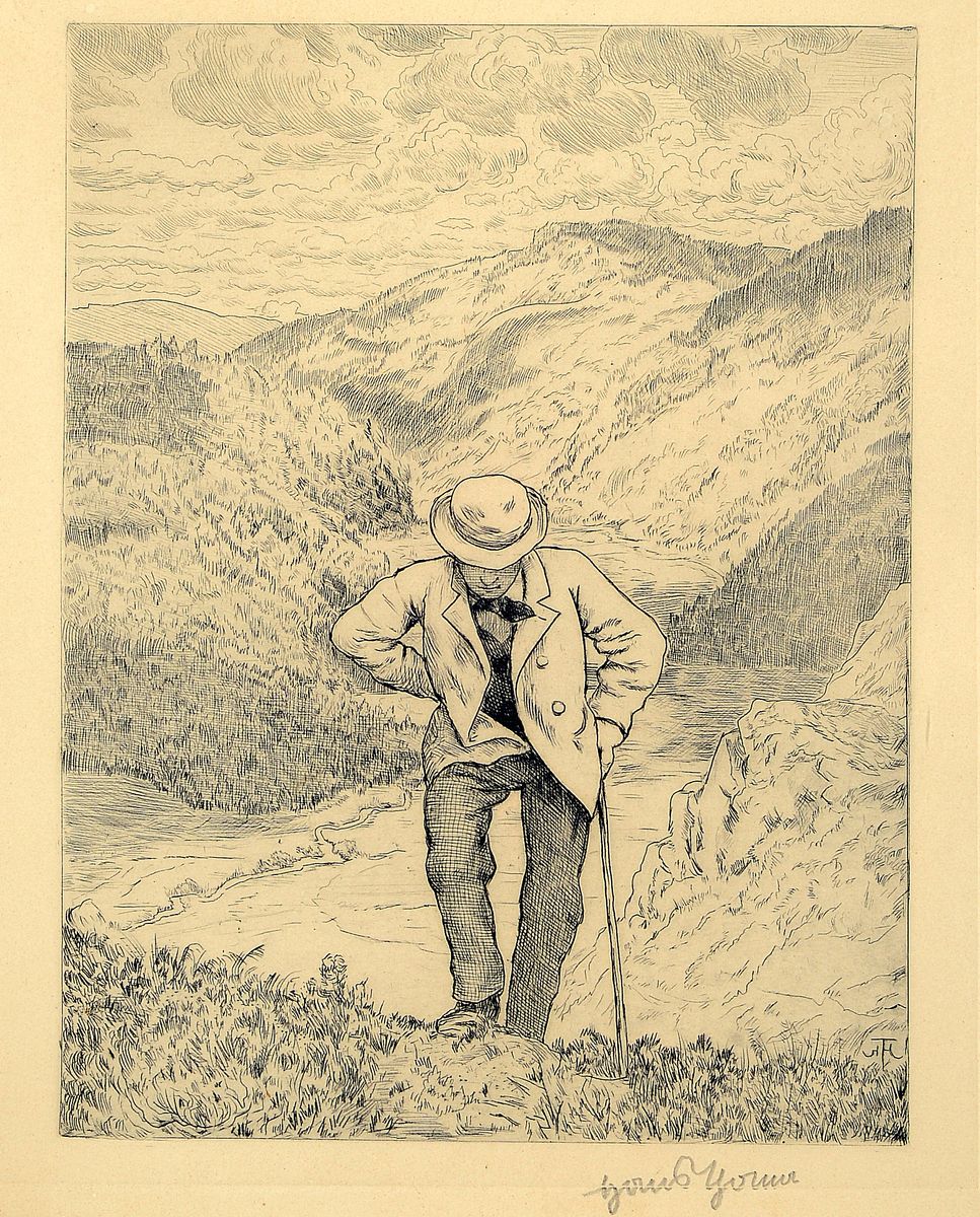 Hans Thoma, 1839 Bernau - 1924 Karlsruhe, Skizze, kleiner Engel mit Milchtopf und Schlange, handsigniert, ca. 32 x 15 cm und Radierung "Der ...