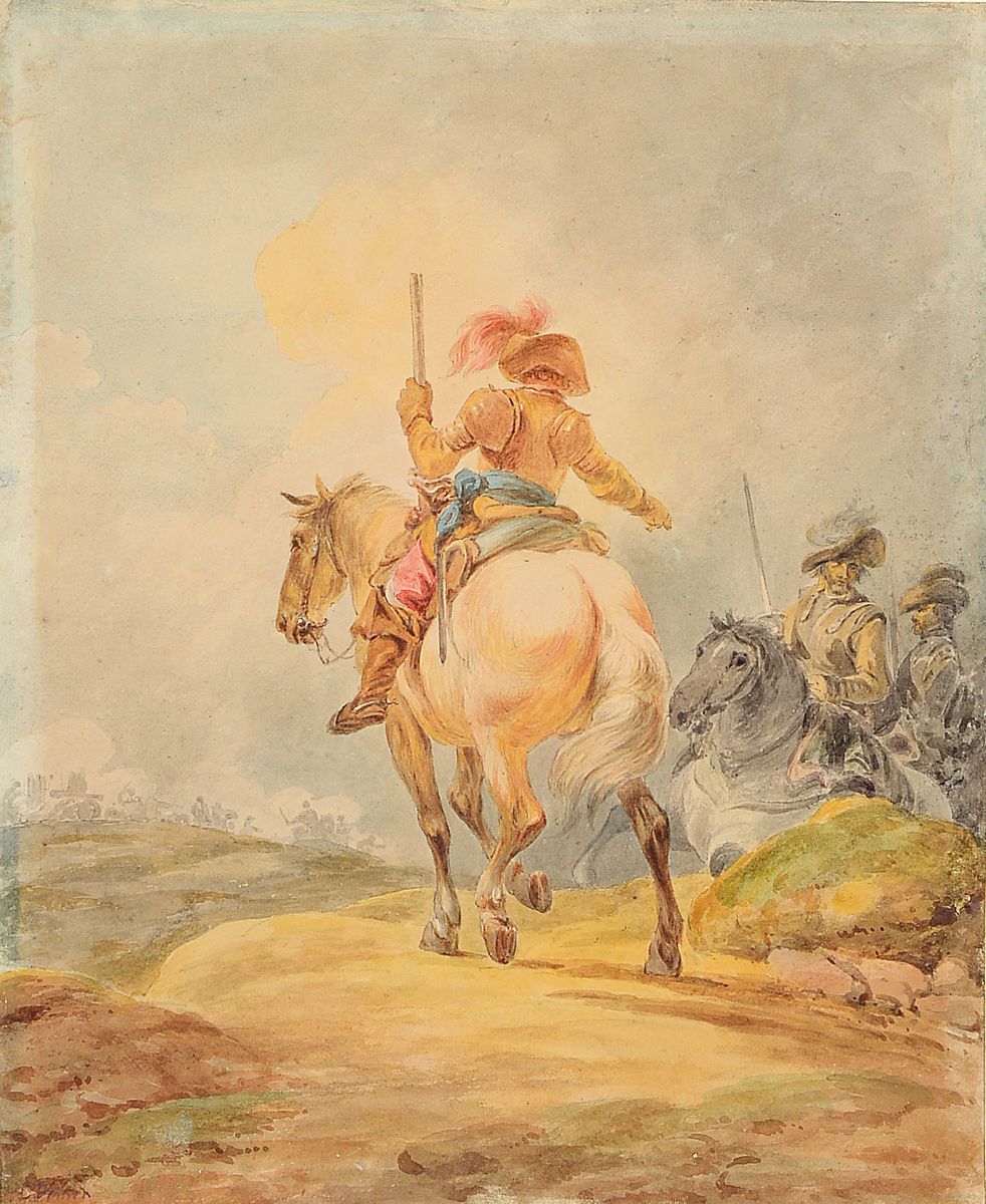 Carle Vernet, 1758 - 1836 Frankreich, drei Reiter auf Pferden, im Hintergrund Schlachtengetümmel, Aquarell auf Papier, li. unten signiert, unter ...