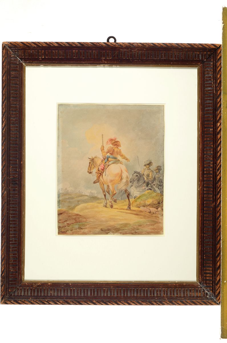 Detail k: Carle Vernet, 1758 - 1836 Frankreich, drei Reiter auf Pferden, im Hintergrund Schlachtengetümmel, Aquarell auf Papier, li. unten signiert, unter ...