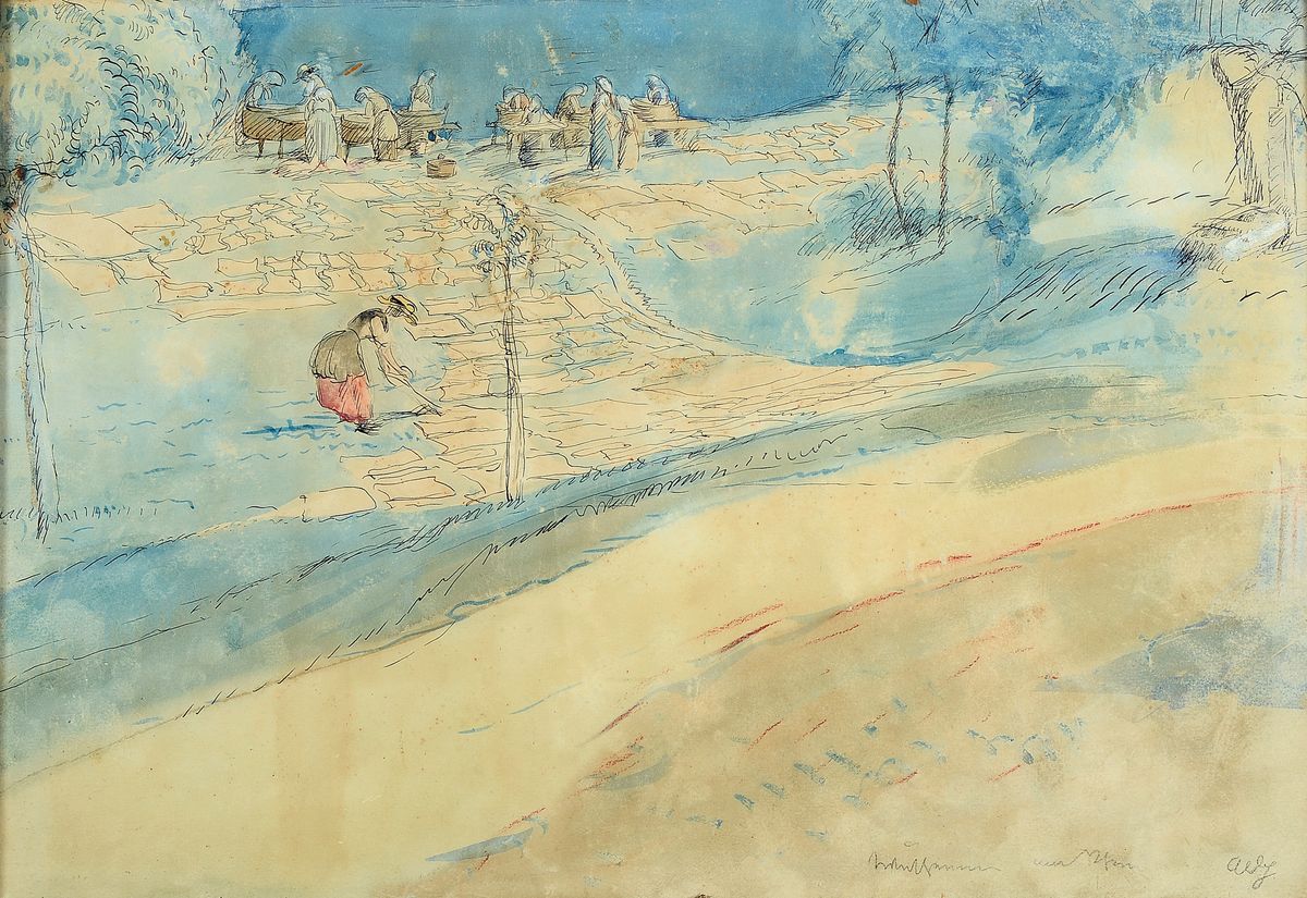 Albert Haueisen, 1872 Stuttgart - 1954 Kandel, Wäscherinnen am Rhein, aquarellierte Tuschfederzeichnung, re. unten signiert, betitelt, ca. 33 x 47 ...
