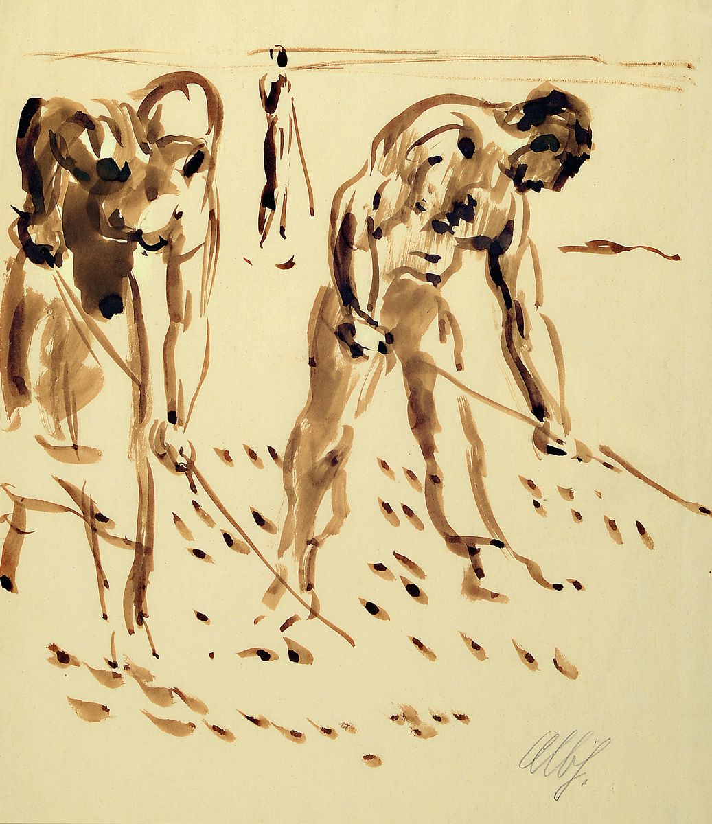 Detail b: Albert Haueisen, 1872 Stuttgart - 1954 Kandel, Wäscherinnen am Rhein, aquarellierte Tuschfederzeichnung, re. unten signiert, betitelt, ca. 33 x 47 ...