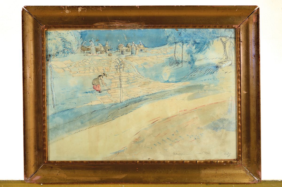 Detail k: Albert Haueisen, 1872 Stuttgart - 1954 Kandel, Wäscherinnen am Rhein, aquarellierte Tuschfederzeichnung, re. unten signiert, betitelt, ca. 33 x 47 ...