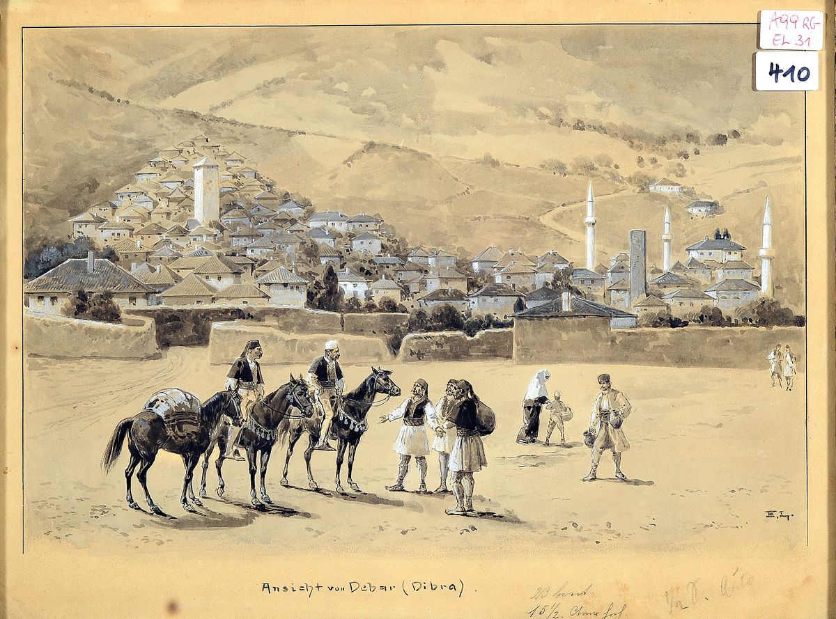 Ernst Liebermann, 1869 Langenmüss - 1960 Beuerberg/Wolfratshausen, Illustrationsvorlage, "Ansicht von Debar (Dibra)", Tuschezeichnung ...