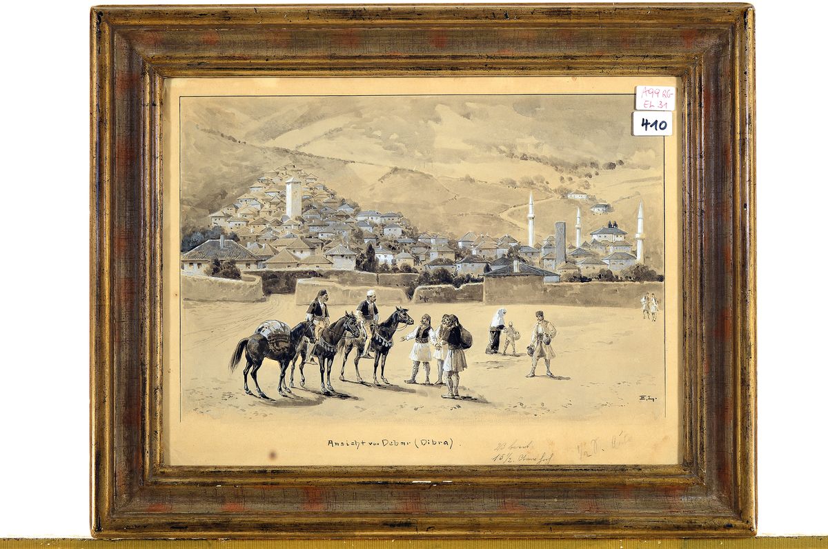 Detail k: Ernst Liebermann, 1869 Langenmüss - 1960 Beuerberg/Wolfratshausen, Illustrationsvorlage, "Ansicht von Debar (Dibra)", Tuschezeichnung ...