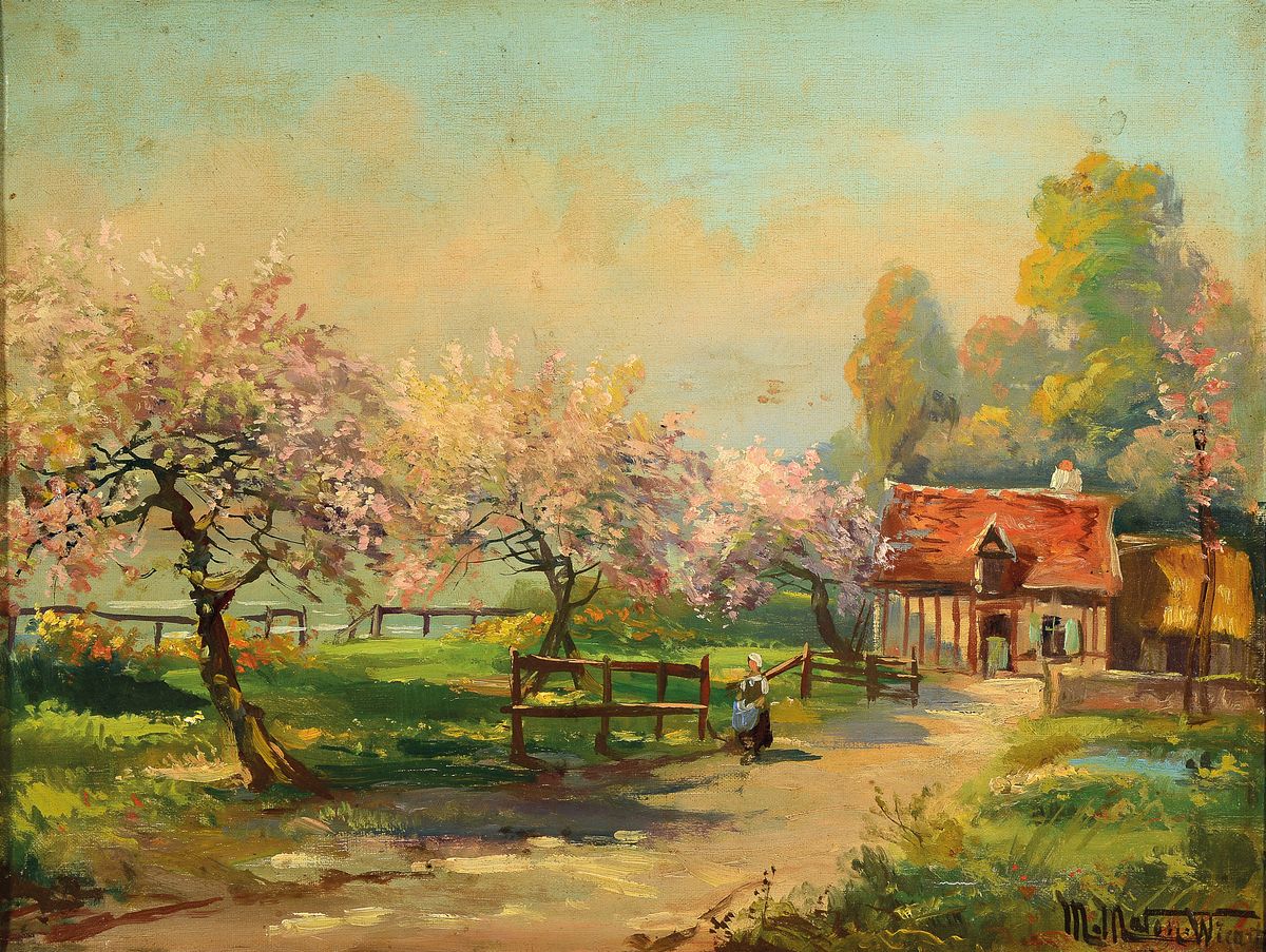 M. Maton Wicart, französischer Künstler , Anfang 20. Jh., Frühlingslandschaft mit blühenden Obstbäumen, Öl/Lwd, li.u. signiert, rest., leichte ...