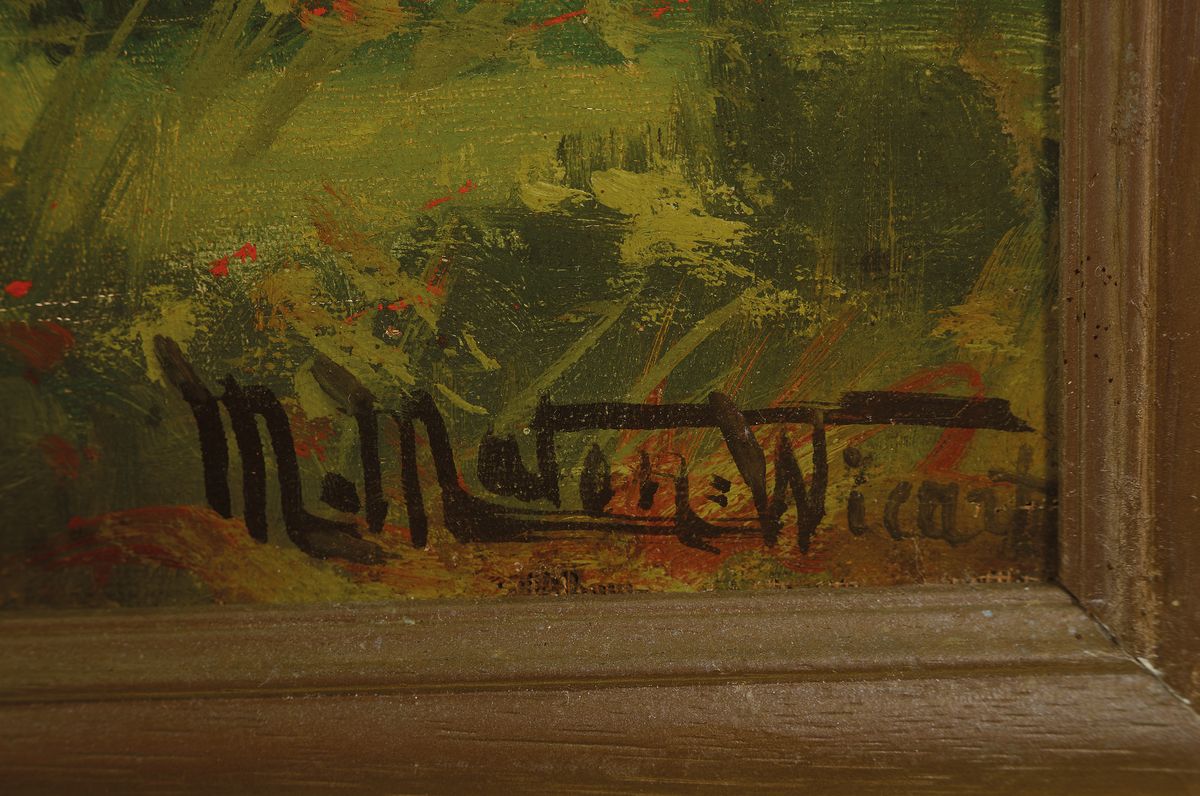 Detail a: M. Maton Wicart, französischer Künstler , Anfang 20. Jh., Frühlingslandschaft mit blühenden Obstbäumen, Öl/Lwd, li.u. signiert, rest., leichte ...