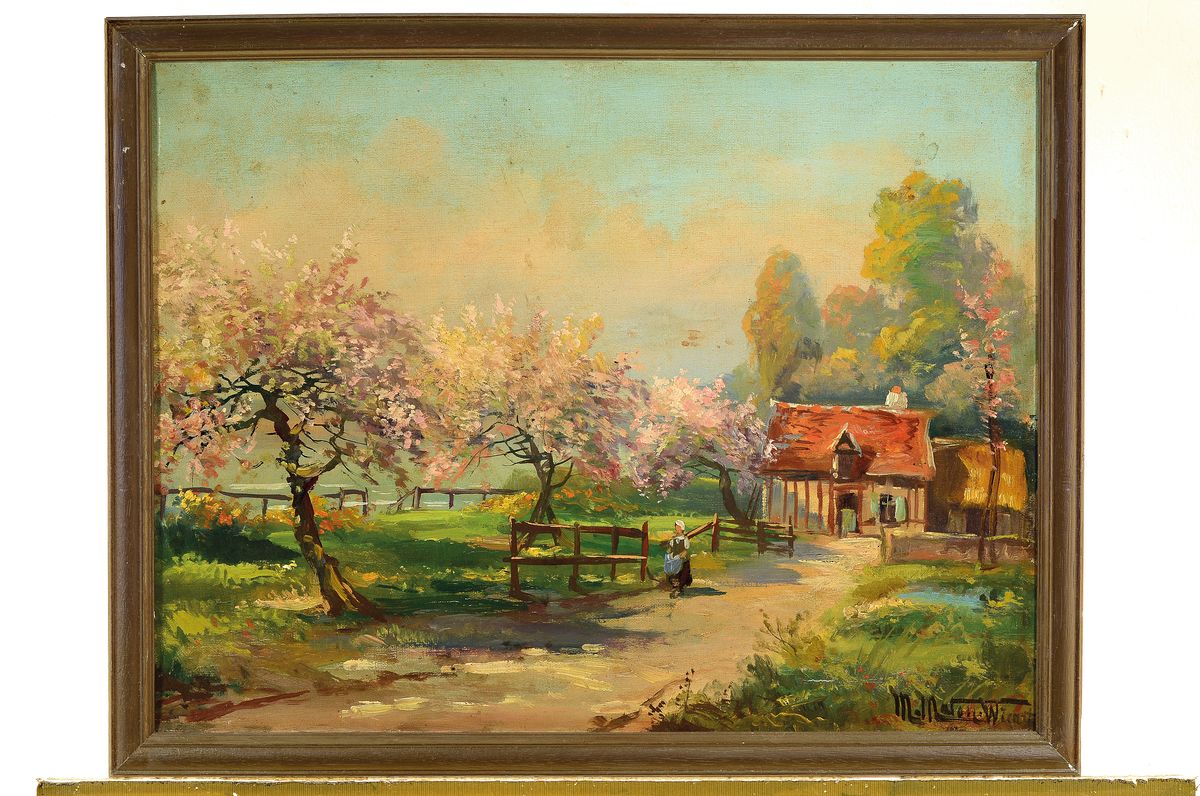 Detail k: M. Maton Wicart, französischer Künstler , Anfang 20. Jh., Frühlingslandschaft mit blühenden Obstbäumen, Öl/Lwd, li.u. signiert, rest., leichte ...