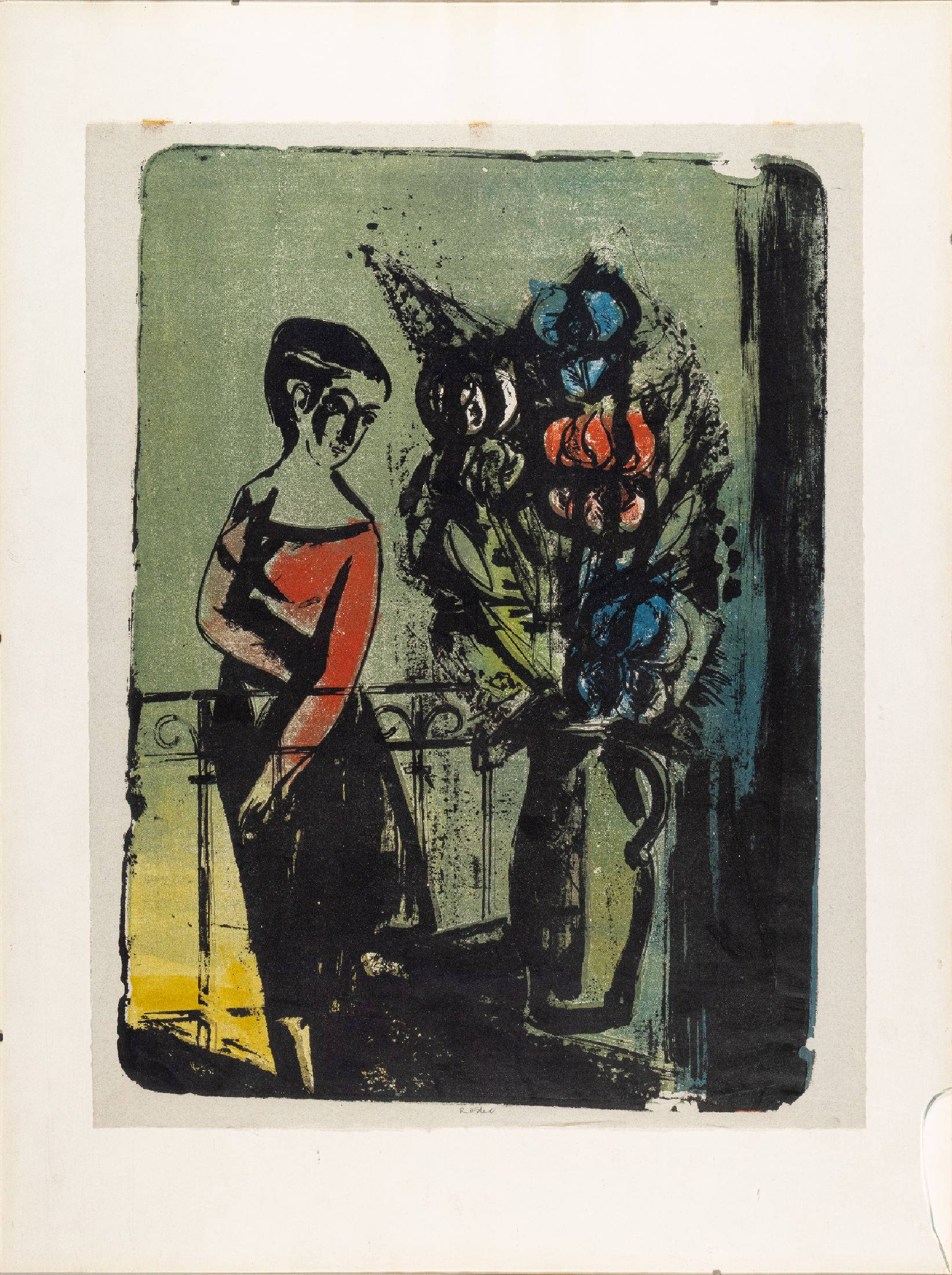 Karl Rödel, 1907 Neu Isenburg - 1982 Mannheim, Lithographie, Frau mit Blumenstrauß, handsigniert, ca. 63 x 48 cm, l. Verfärbungen bzw. ...