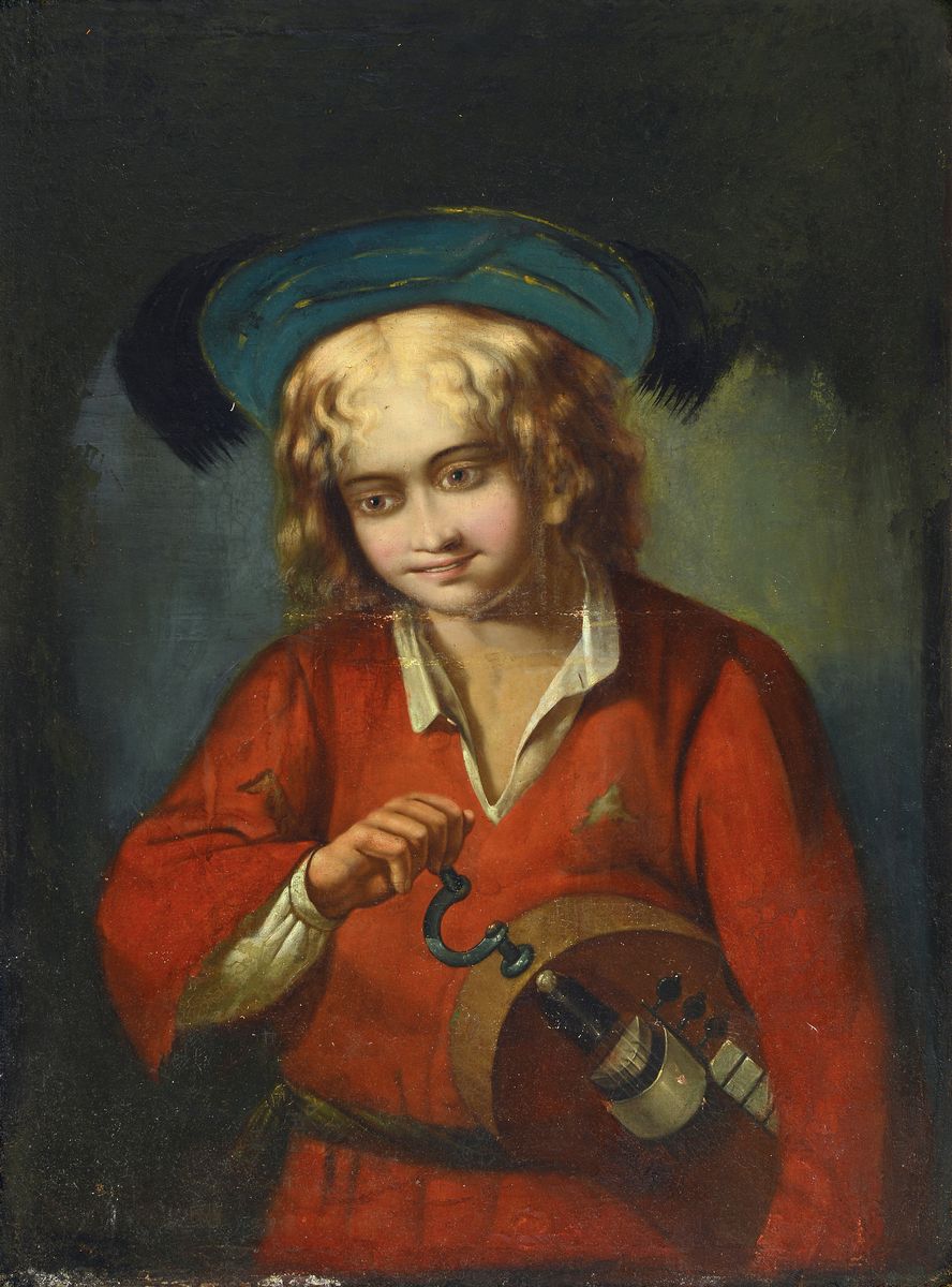 Unbekannter Künstler des späten 19.Jh., junger Leierkastenspieler, Öl/Platte, unsigniert, ca. 100 x 75 cm, stark rest.