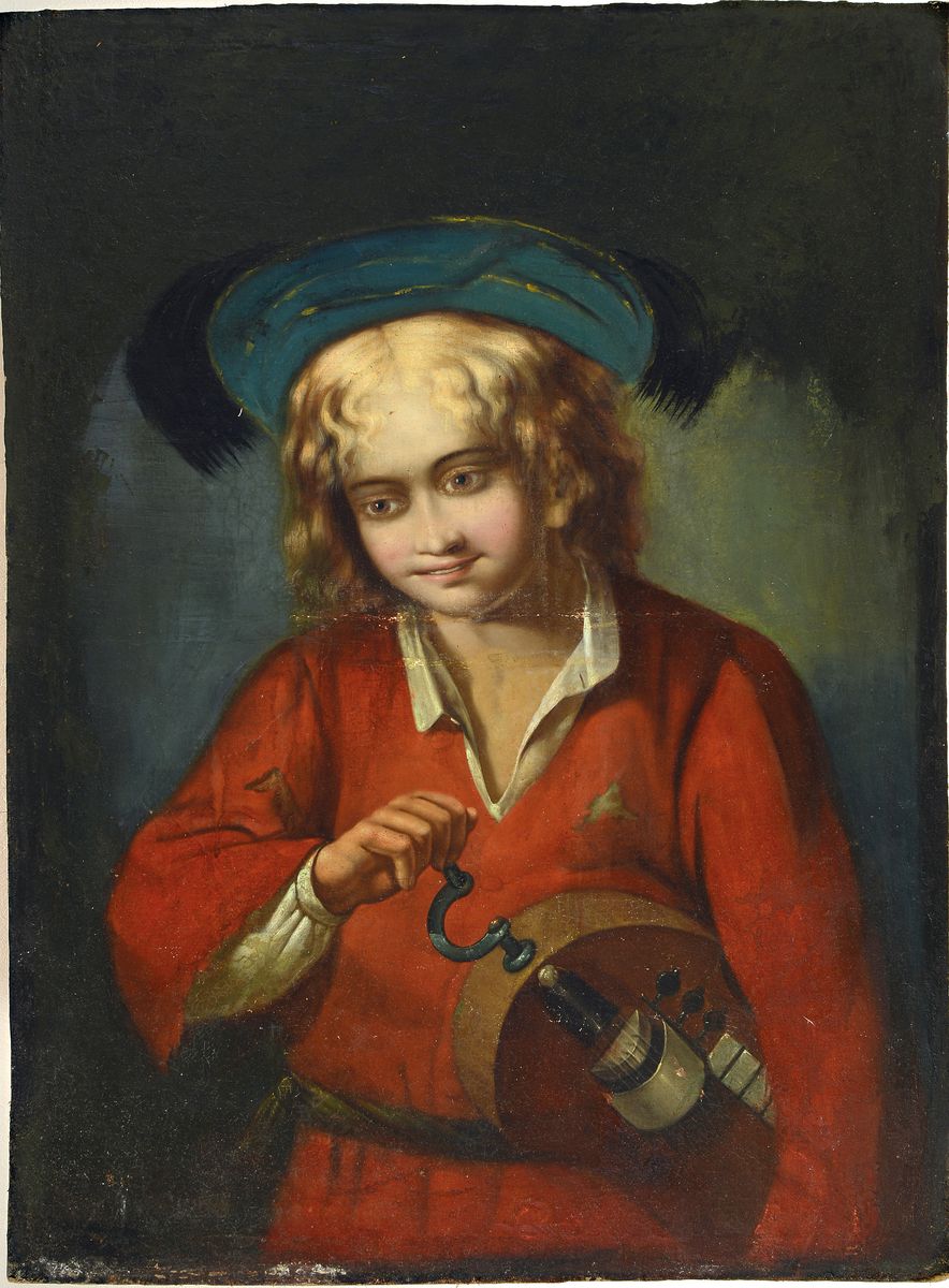 Detail k: Unbekannter Künstler des späten 19.Jh., junger Leierkastenspieler, Öl/Platte, unsigniert, ca. 100 x 75 cm, stark rest.