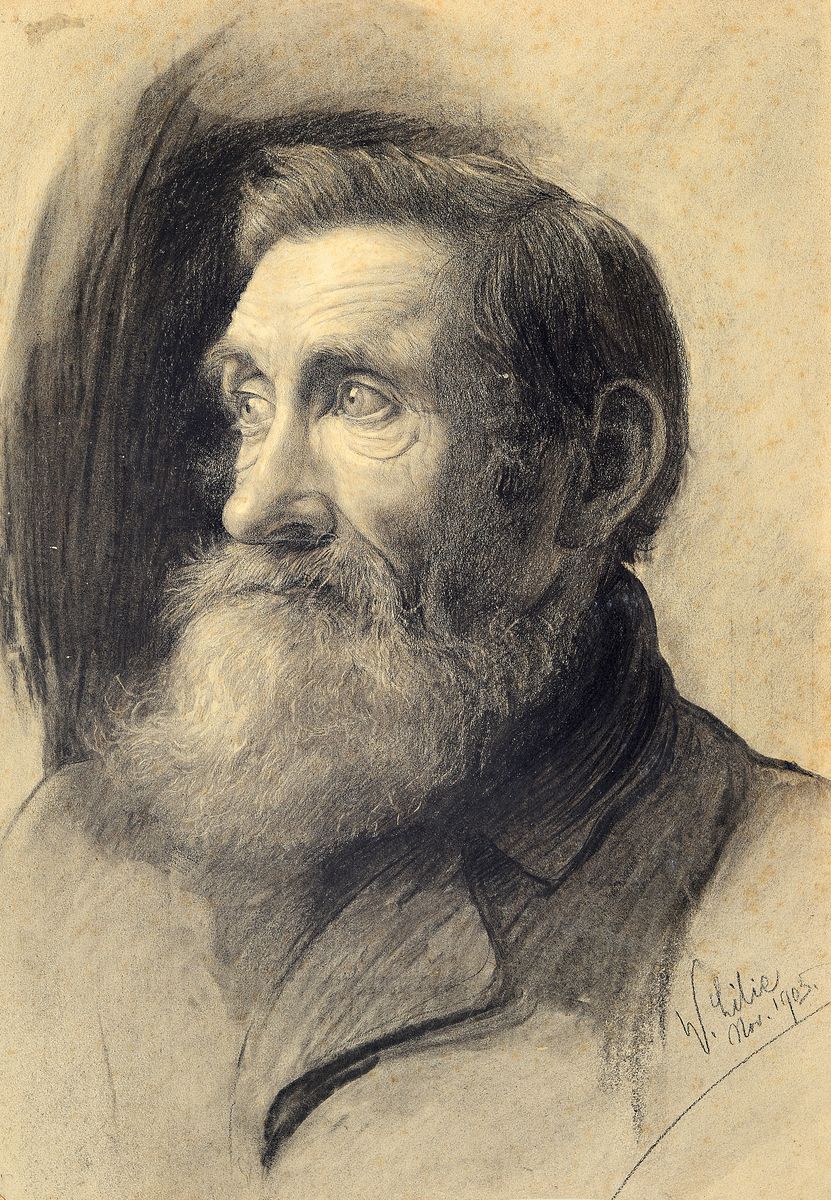 Detail b: Waler Lilie, 1876 - 1924, drei Arbeiten, Öl, Zeichnung und Aquarell, a. Reicher Segen, signiert und dat. 1917, ca. 31 x 36.8 cm, b. Herrenporträt, ...