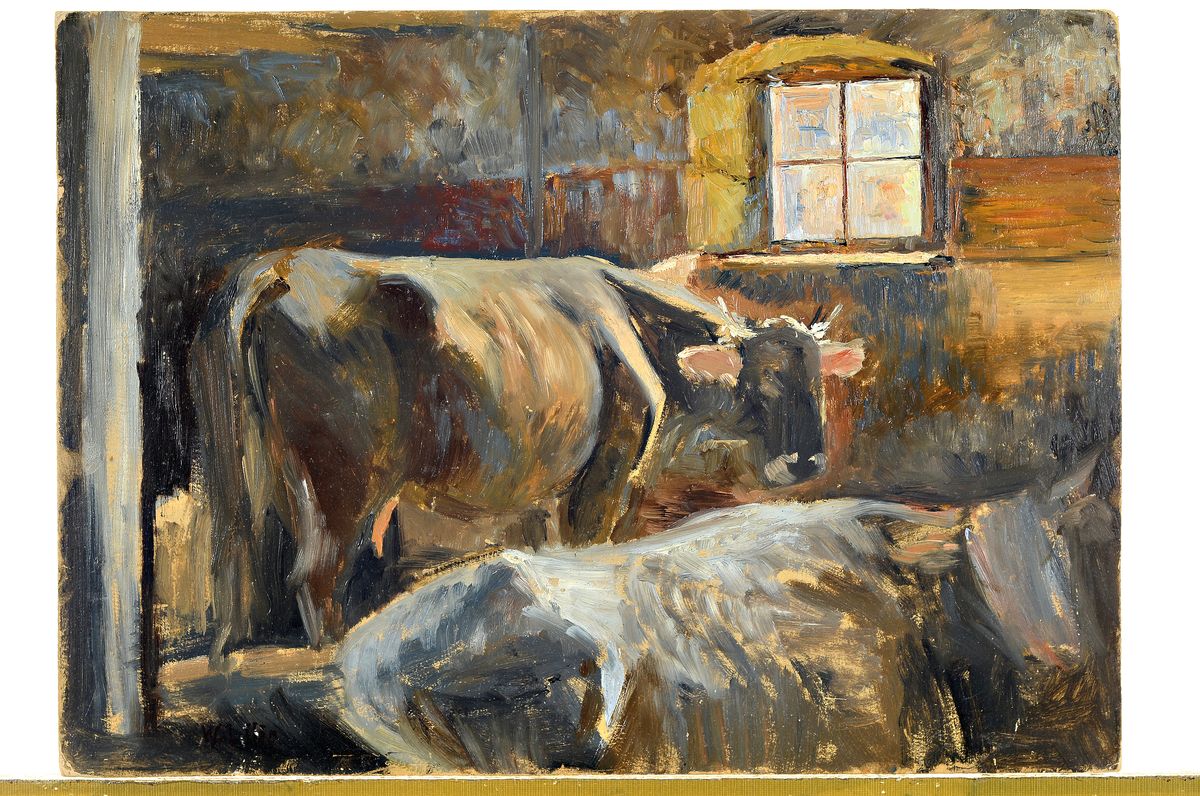 Detail k: Waler Lilie, 1876 - 1924, drei Arbeiten, Öl, Zeichnung und Aquarell, a. Reicher Segen, signiert und dat. 1917, ca. 31 x 36.8 cm, b. Herrenporträt, ...