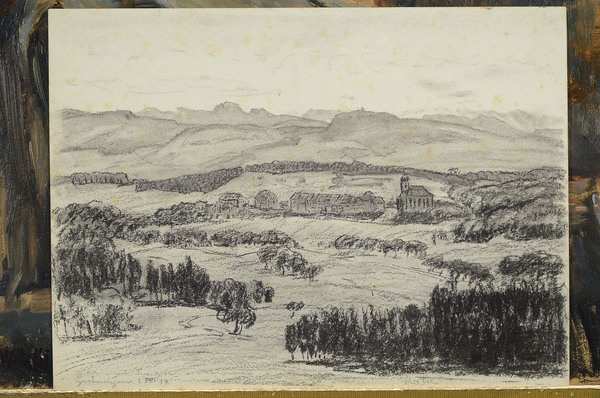 Detail l: Waler Lilie, 1876 - 1924, drei Arbeiten, Öl, Zeichnung und Aquarell, a. Reicher Segen, signiert und dat. 1917, ca. 31 x 36.8 cm, b. Herrenporträt, ...
