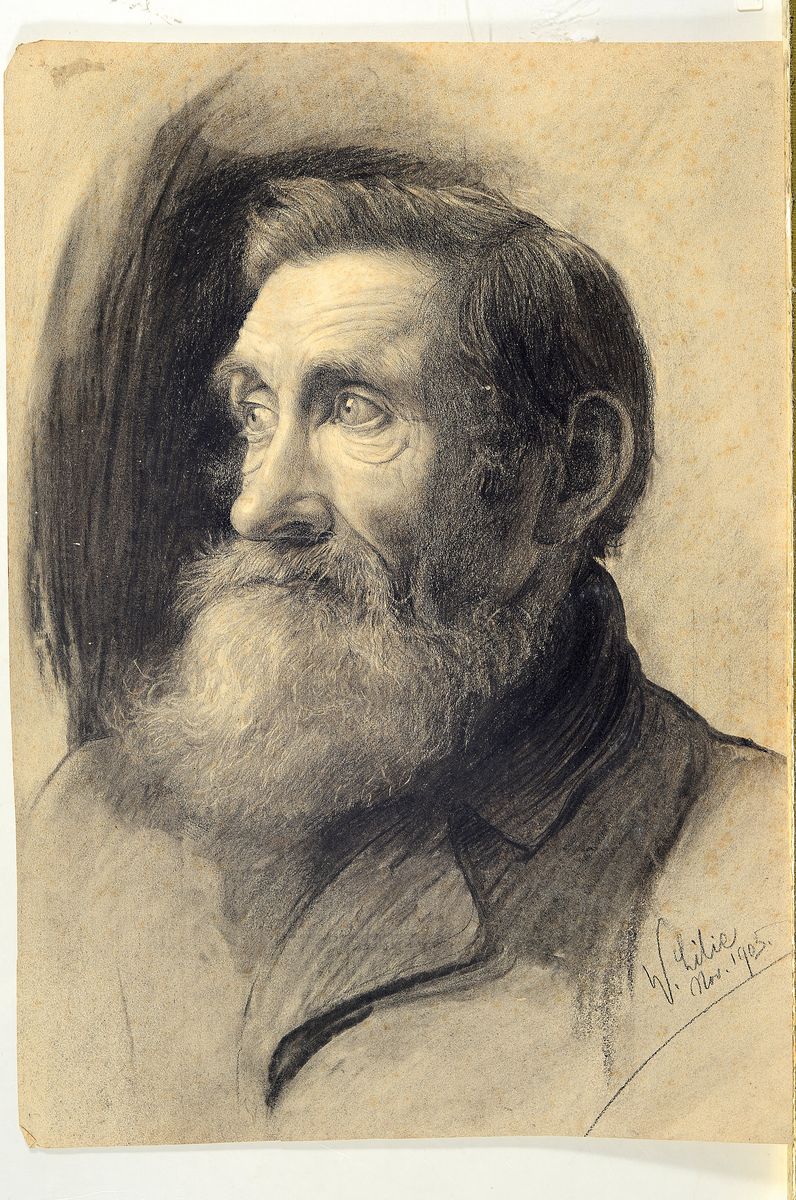 Detail m: Waler Lilie, 1876 - 1924, drei Arbeiten, Öl, Zeichnung und Aquarell, a. Reicher Segen, signiert und dat. 1917, ca. 31 x 36.8 cm, b. Herrenporträt, ...