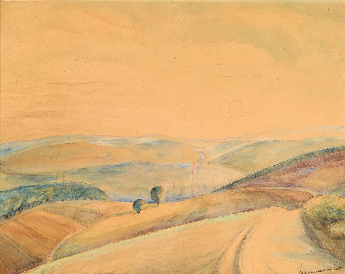 Eugen Croissant, 1898 Landau-1976 Breitbrunn am Chiemsee, Landschaft bei Siegen, Aquarell, re. unten signiert, l. stockfleckig bzw. Altersspuren, ca. ...