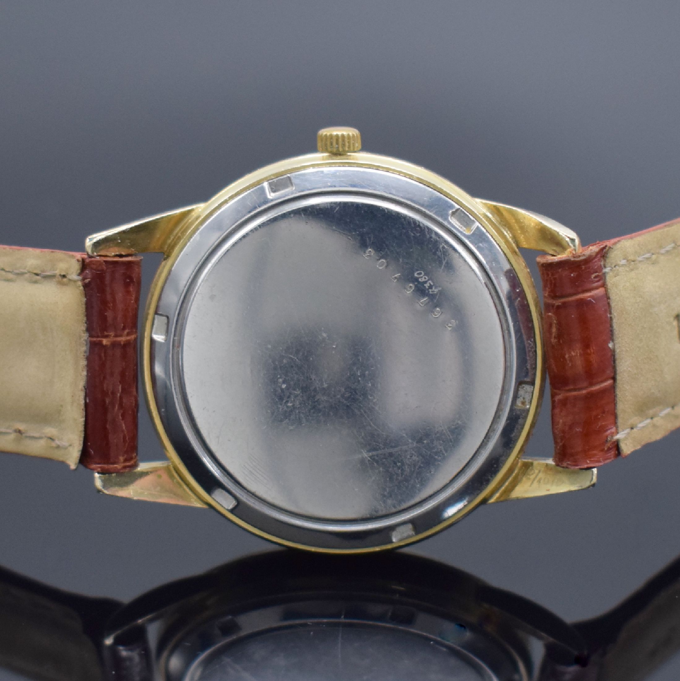 Detail b: ETERNA-MATIC Herrenarmbanduhr, Schweiz um 1955, Automatik, gold filled Geh., Stahlboden verschr., pat. Zifferbl. m. gold. Std.-Ind., gold. Zeiger, ...