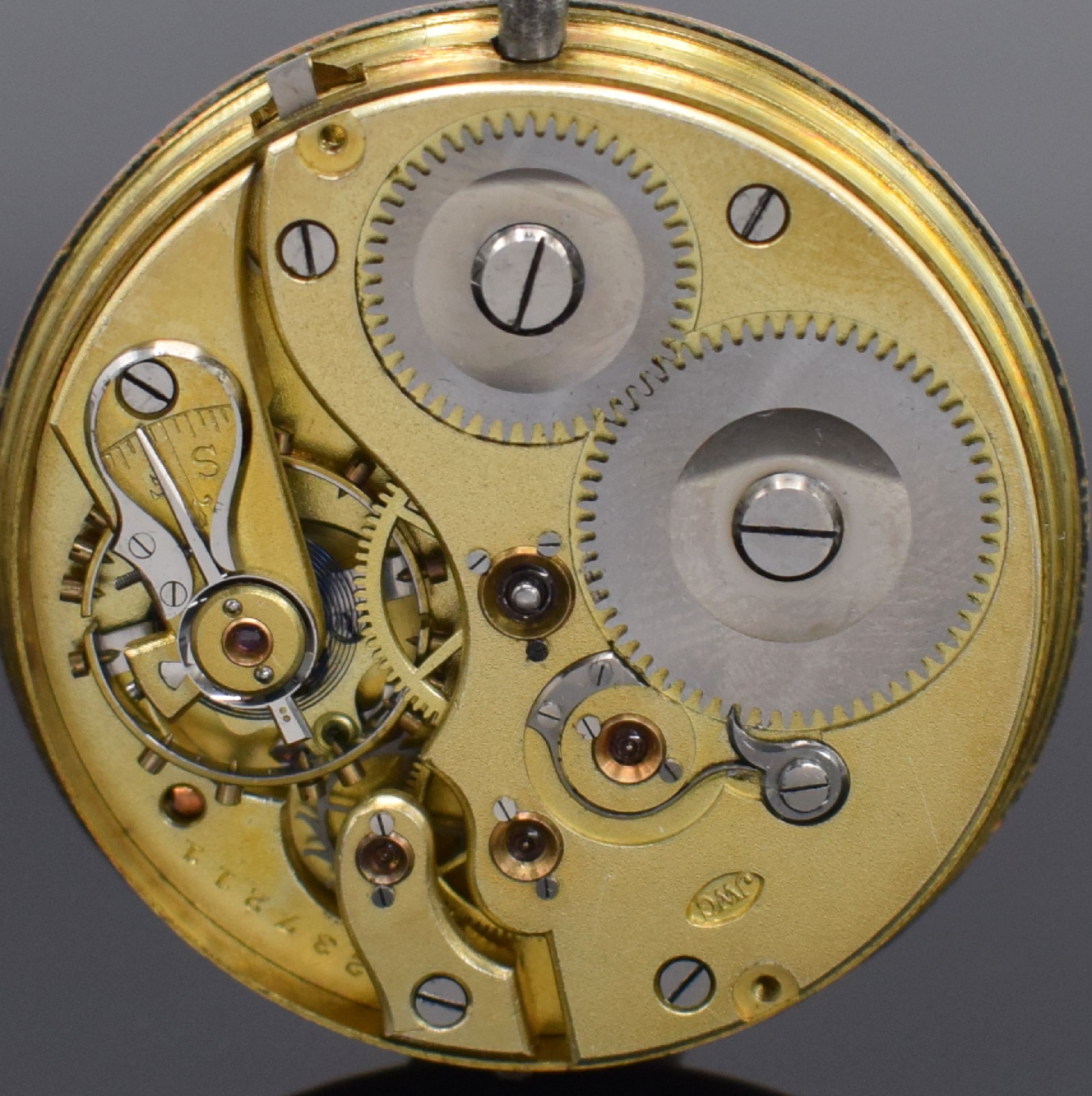Detail a: IWC Taschenuhrwerk Kaliber 52, Schweiz um 1900, Emailzifferbl. besch., gold. Zeiger, verg. Werk Kal. 52, Komp.-Unr., Breguet-Sp., 4 verschr. Chatons, ...