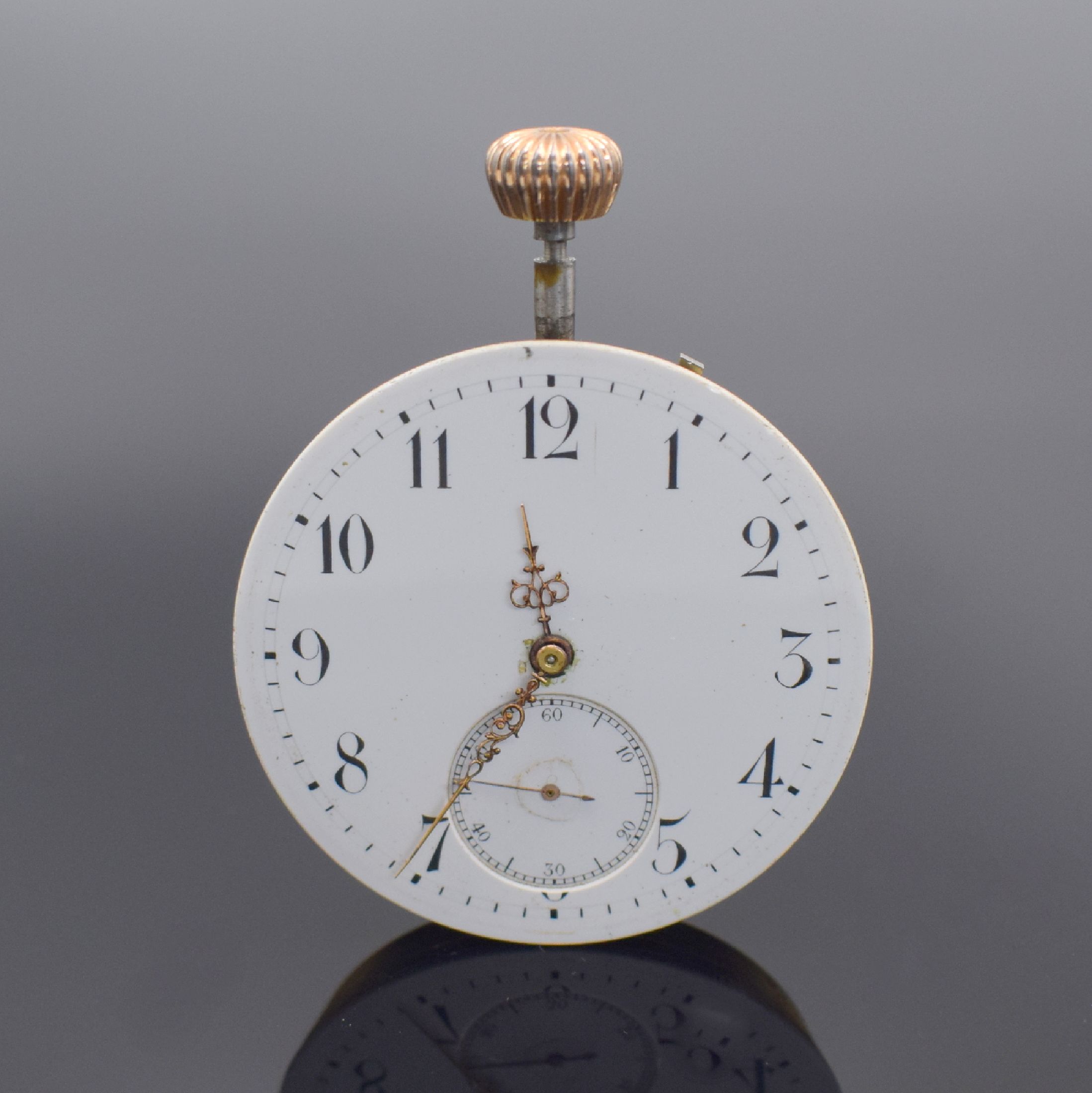 Detail b: IWC Taschenuhrwerk Kaliber 52, Schweiz um 1900, Emailzifferbl. besch., gold. Zeiger, verg. Werk Kal. 52, Komp.-Unr., Breguet-Sp., 4 verschr. Chatons, ...