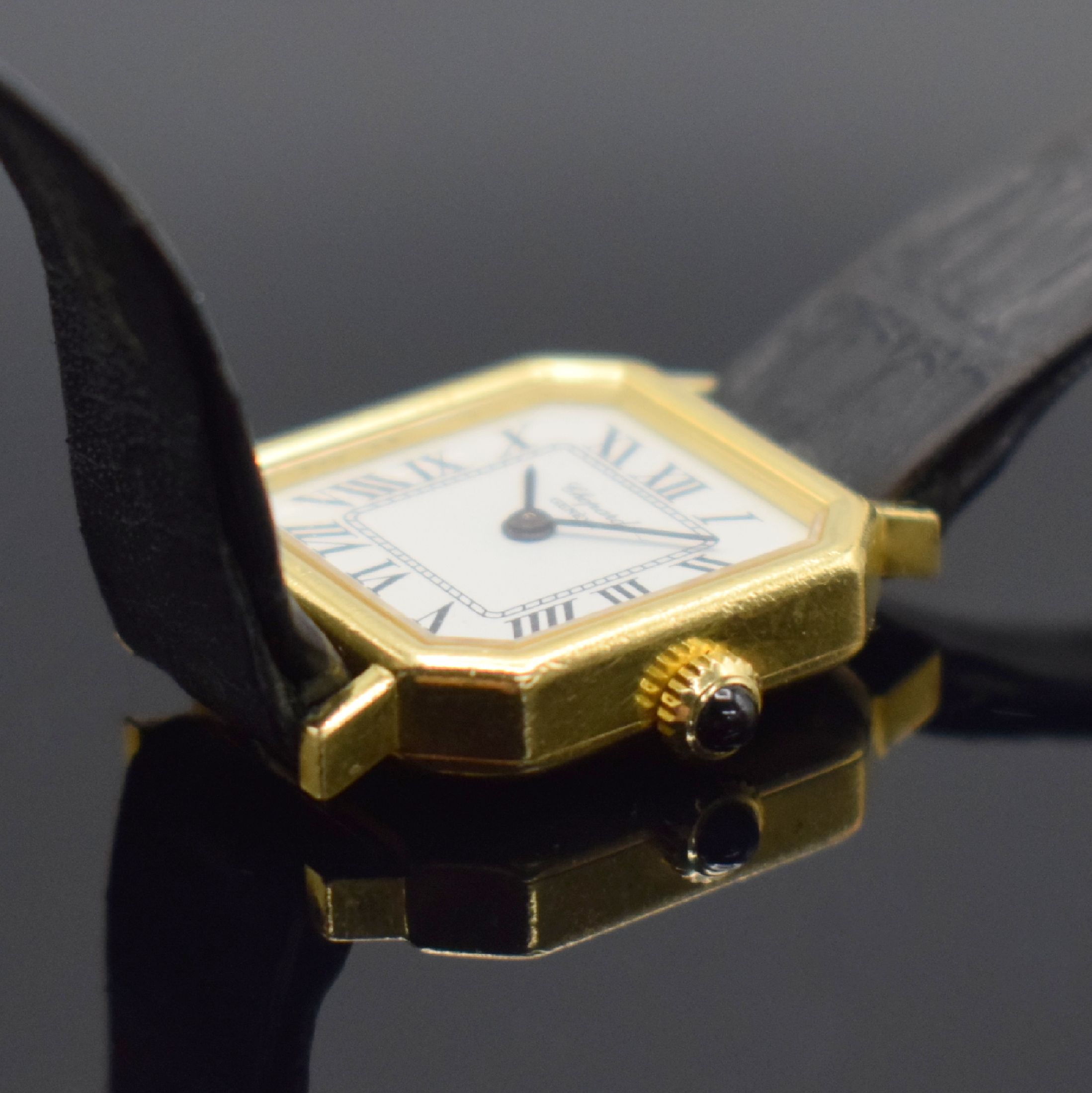 Detail d: CHOPARD Damenarmbanduhr in GG 750/000 Referenz 5087, Schweiz um 1975, Handaufzug, 2-teil. Geh., Boden aufgedr., orig. Lederband m. orig. verg. ...
