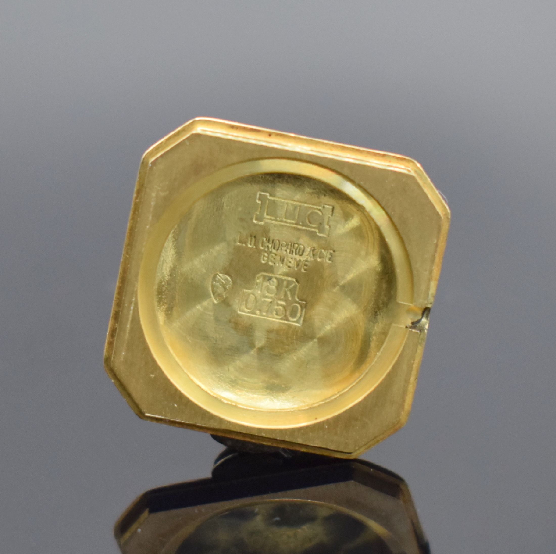 Detail g: CHOPARD Damenarmbanduhr in GG 750/000 Referenz 5087, Schweiz um 1975, Handaufzug, 2-teil. Geh., Boden aufgedr., orig. Lederband m. orig. verg. ...