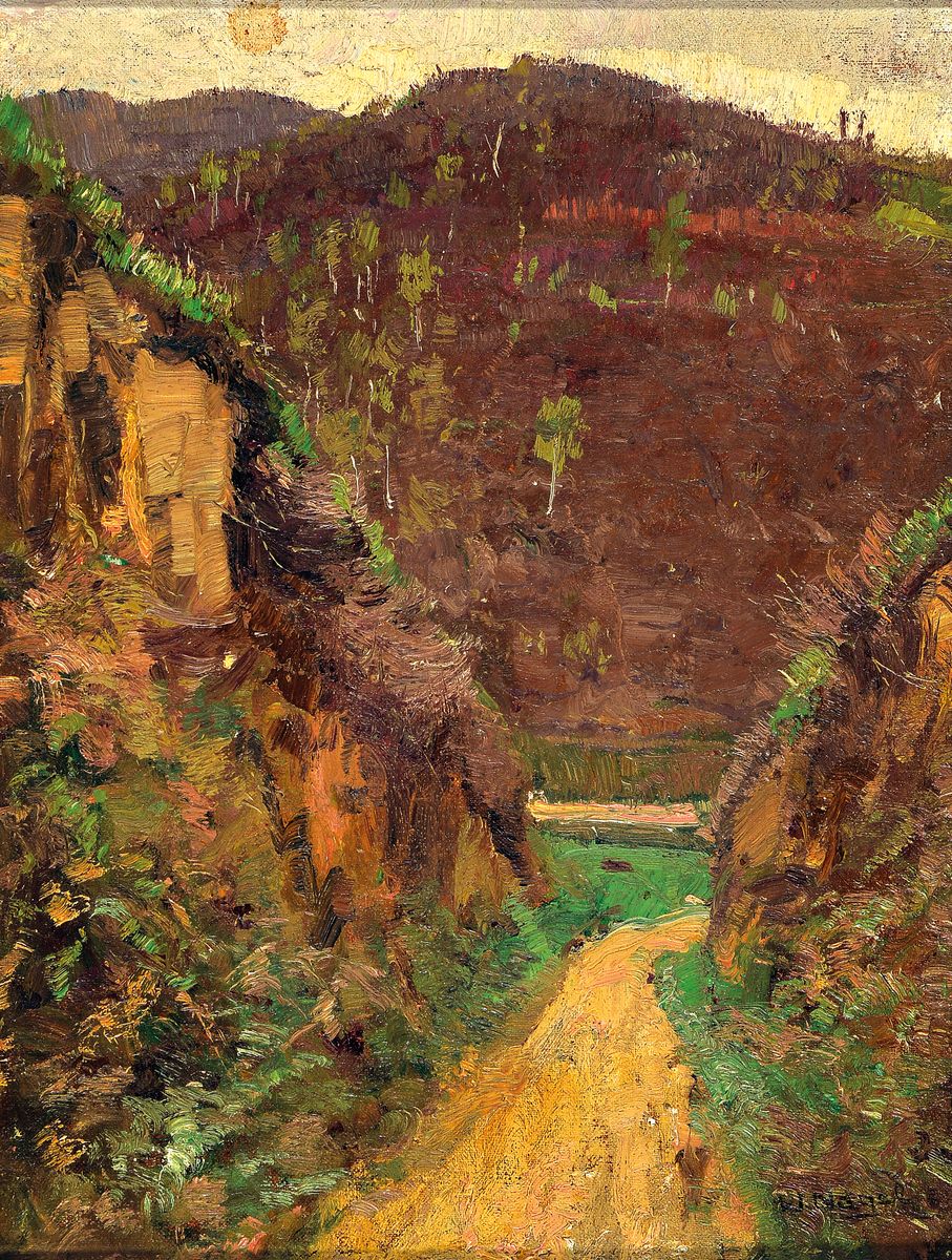 Wilhelm Nagel, 1866 Mannheim - 1945 Baden-Baden, Studium an der Kunstgewerbeschule München u. an der Akademie Karlsruhe, Blick entlang eines Weges ...