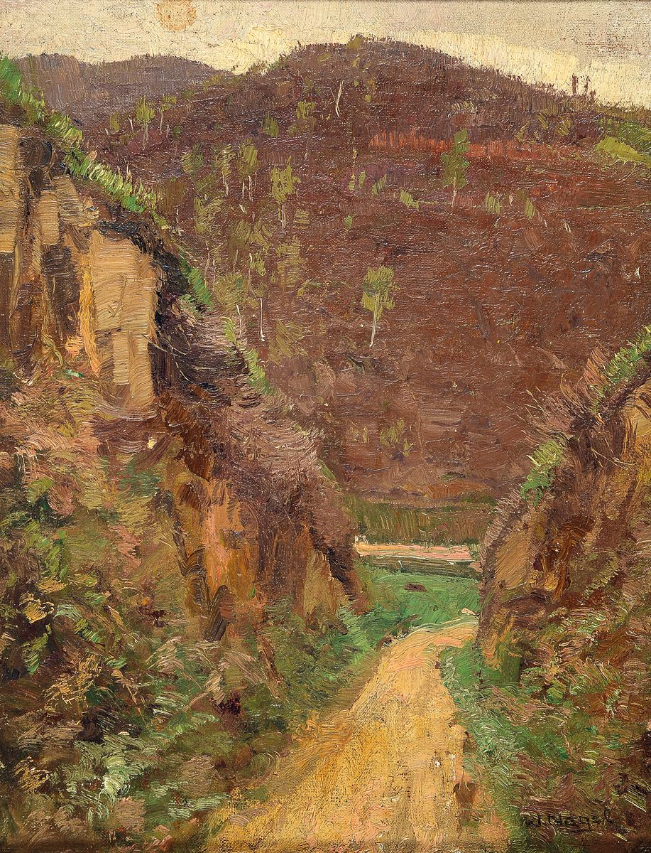 Detail b: Wilhelm Nagel, 1866 Mannheim - 1945 Baden-Baden, Studium an der Kunstgewerbeschule München u. an der Akademie Karlsruhe, Blick entlang eines Weges ...