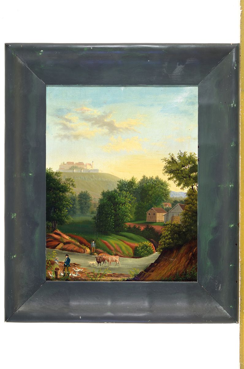 Detail k: Zuschreibung: Carl Koch, 1788-1875, Landschaft mit Blick auf die Veste Coburg, Personen- und Viehstaffage am Fluss, Öl/Lwd, Rahmen, verso altes ...