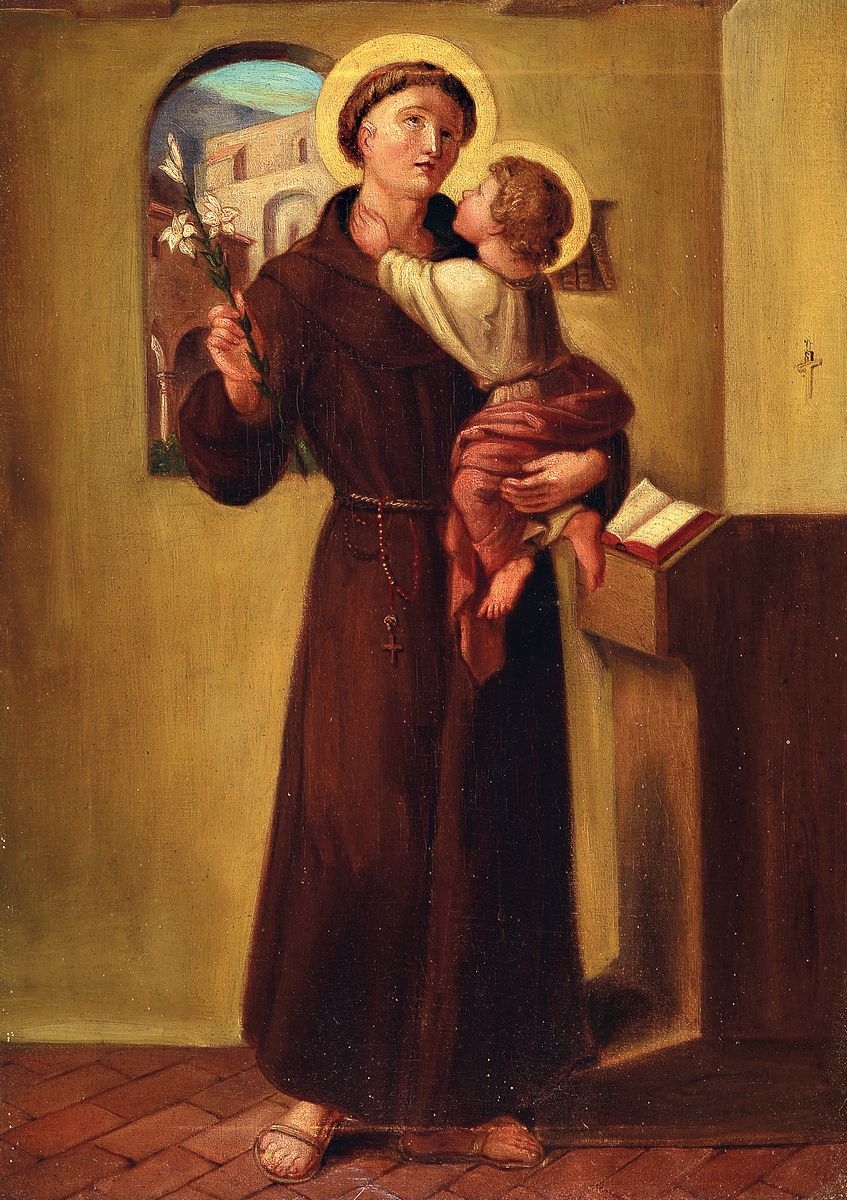Detail a: Zwei Heiligenbilder, Ende 19.Jh., Hl. Anna lehrt Maria das Lesen und Hl. Antonius von Padua mit dem Jesuskind, Öl/Lwd, rest., Alterssp., Rahmen, je ...