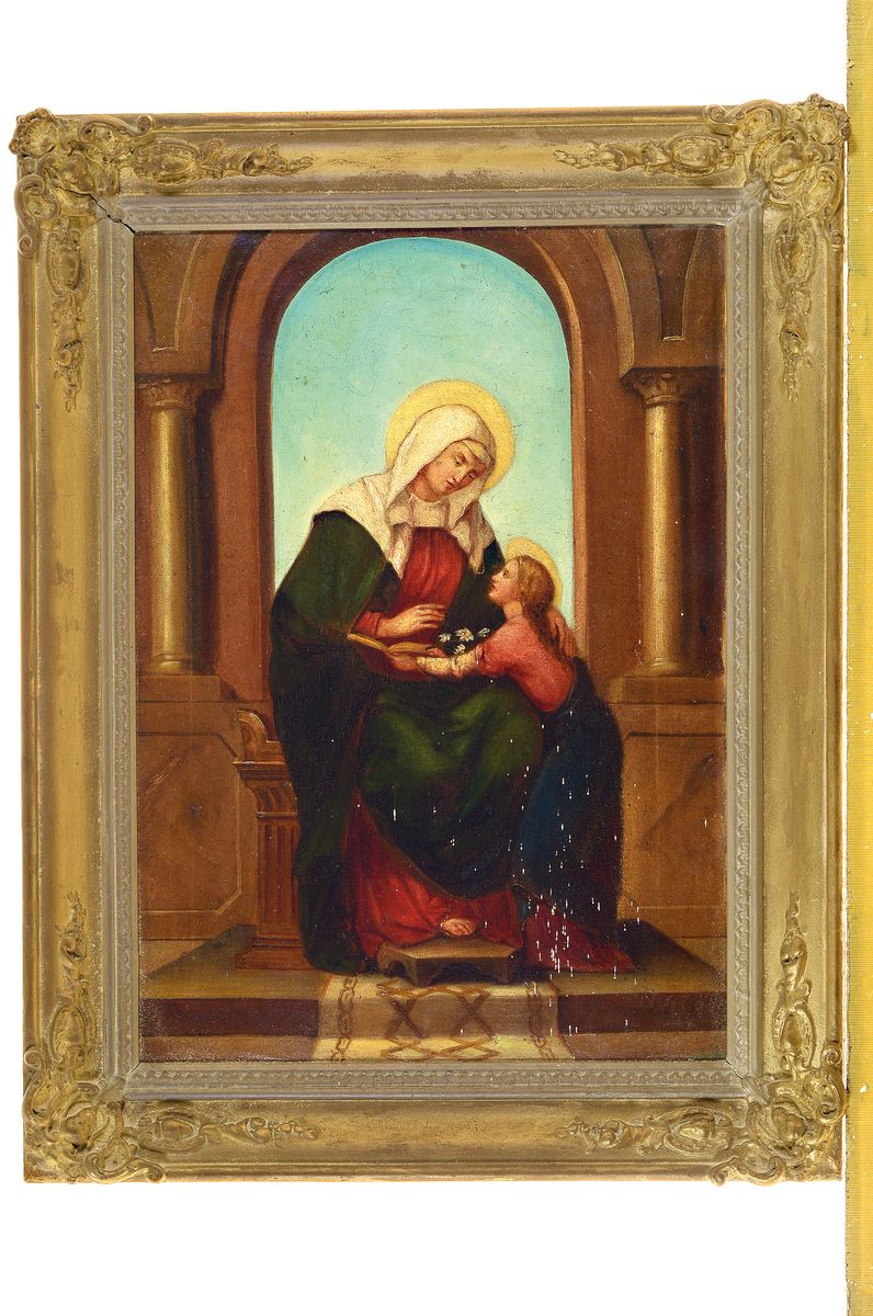 Detail k: Zwei Heiligenbilder, Ende 19.Jh., Hl. Anna lehrt Maria das Lesen und Hl. Antonius von Padua mit dem Jesuskind, Öl/Lwd, rest., Alterssp., Rahmen, je ...