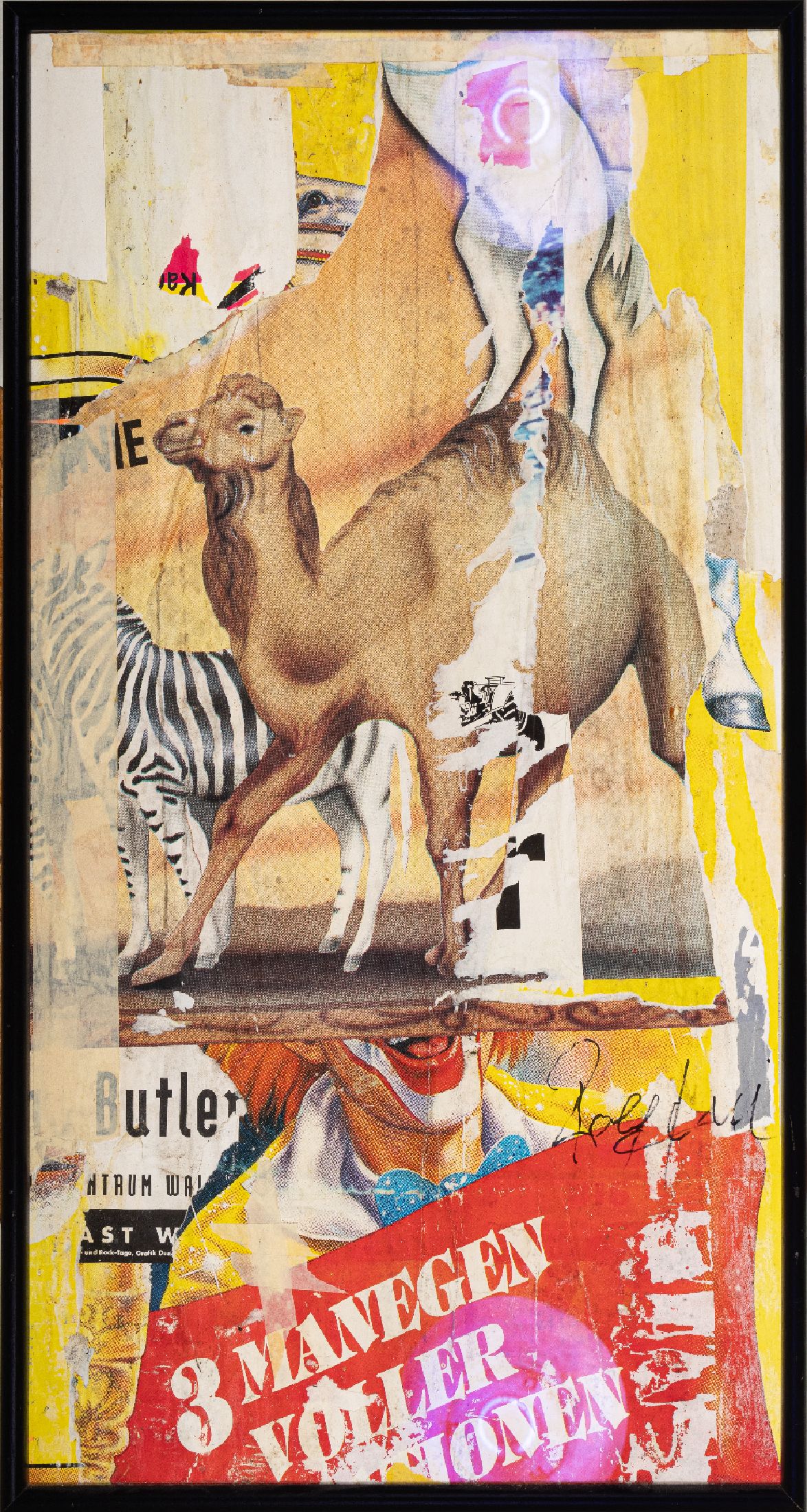 Rolf Knie, geb. 1949 Bern, Collage aus Zirkus-Werbeplakaten, best., handsigniert, signiert unter Glas gerahmt, 90x47 cm